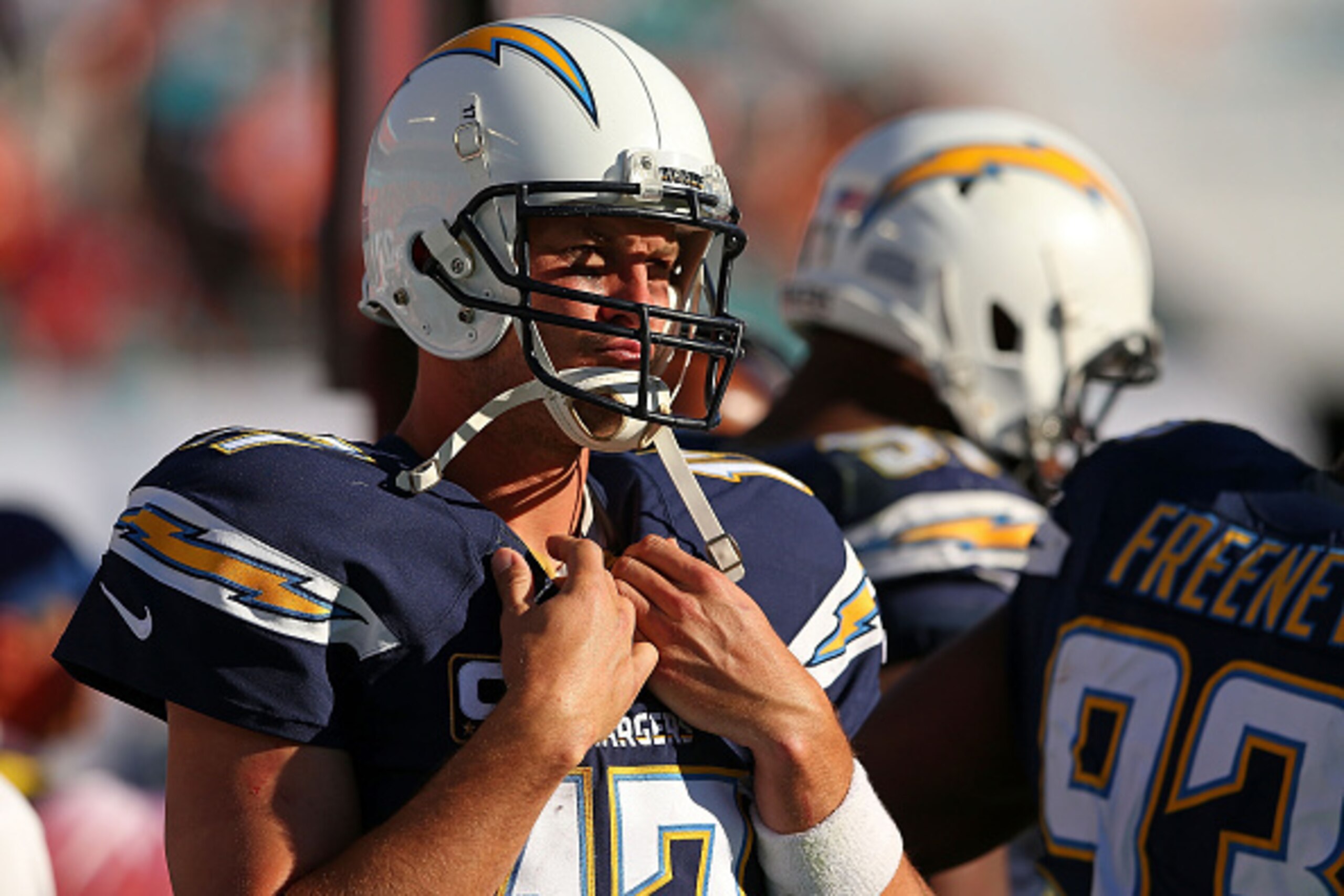 MIAMI GARDENS, FL - NOVEMBER 02:  Philip Rivers #17 of the San Diego Chargers looks on during a game against the Miami Dolphins at Sun Life Stadium on November 2, 2014 in Miami Gardens, Florida.  (Photo by Mike Ehrmann/Getty Images)