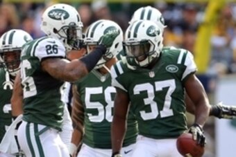Nov 9, 2014; East Rutherford, NJ, USA; New York Jets free safety Jaiquawn Jarrett (37) reacts after recovering a fumble against the Pittsburgh Steelers during the first quarter at MetLife Stadium. Mandatory Credit: Adam Hunger-USA TODAY Sports