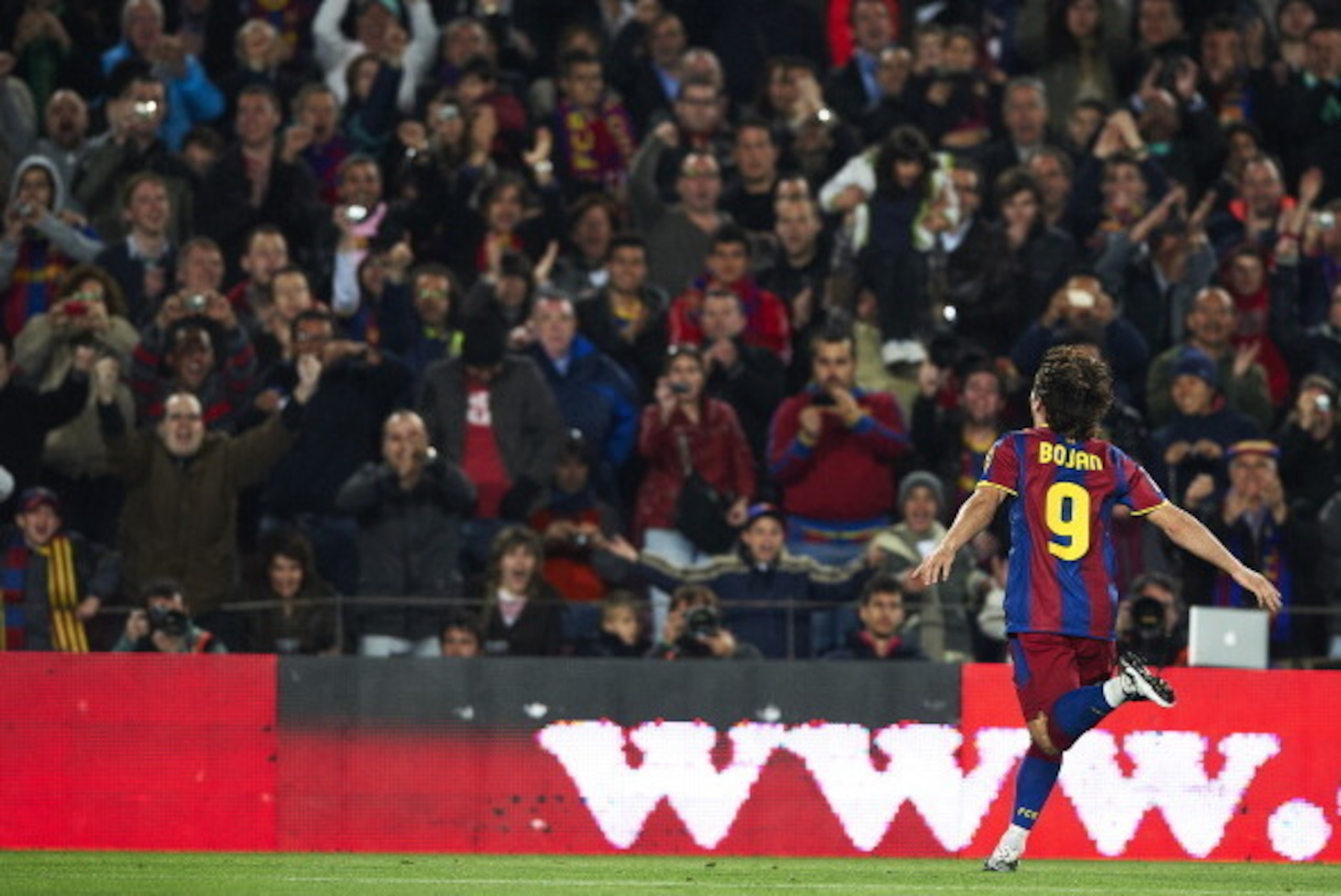 BARCELONA, SPAIN - MARCH 19:  Bojan Krkic of Barcelona celebrates after scoring during the La Liga match between Barcelona and Getafe at Camp Nou on March 19, 2011 in Barcelona, Spain. Barcelona won 2-1. (Photo by Manuel Queimadelos Alonso/Getty Images)