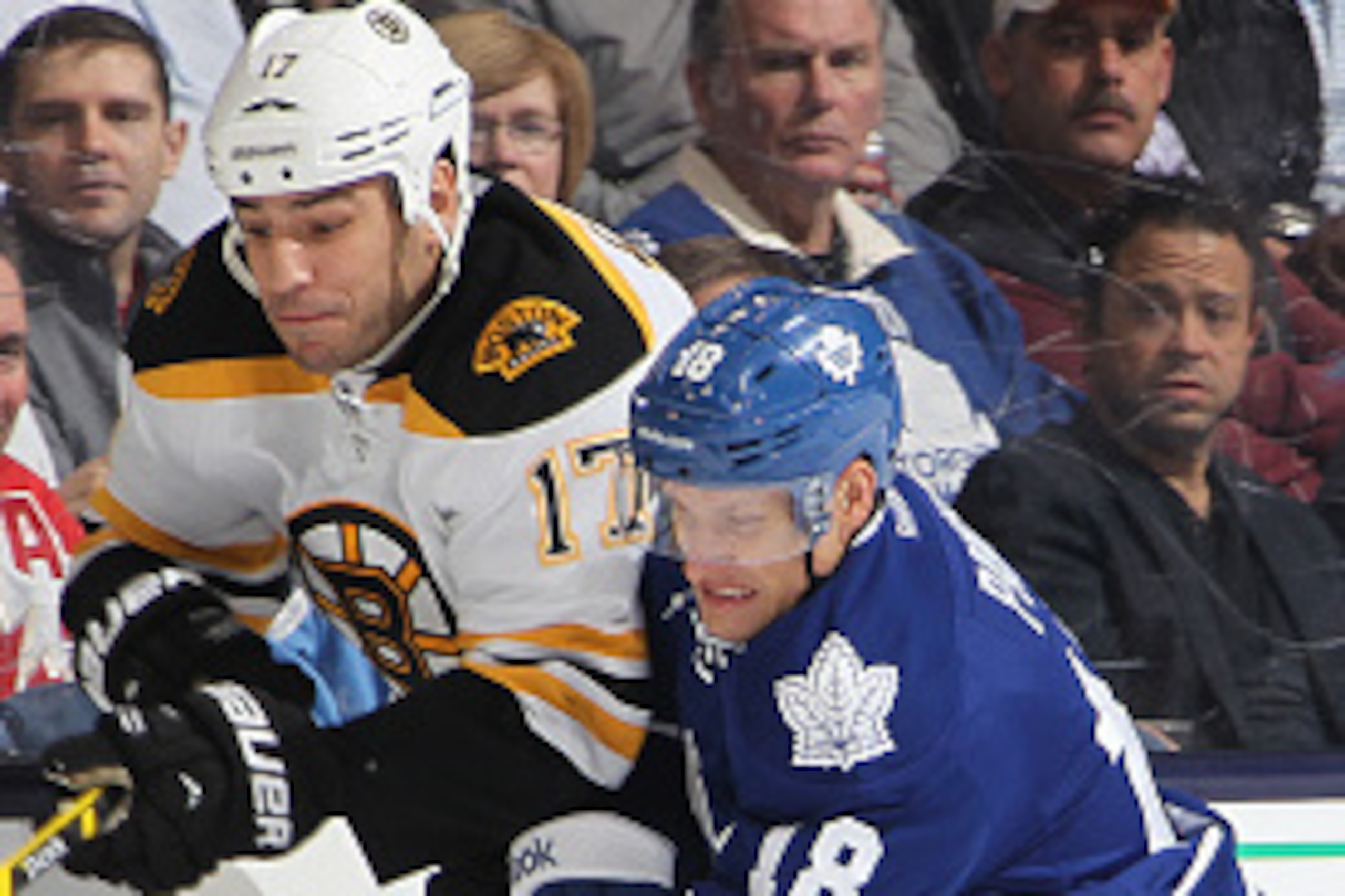 TORONTO, ON - OCTOBER 25:  Milan Lucic #17 of the Boston Bruins skates against Richard Panik #18 of the Toronto Maple Leafs in an NHL game at the Air Canada Centre on October 25, 2014 in Toronto, Ontario, Canada. (Photo by Claus Andersen/Getty Images)