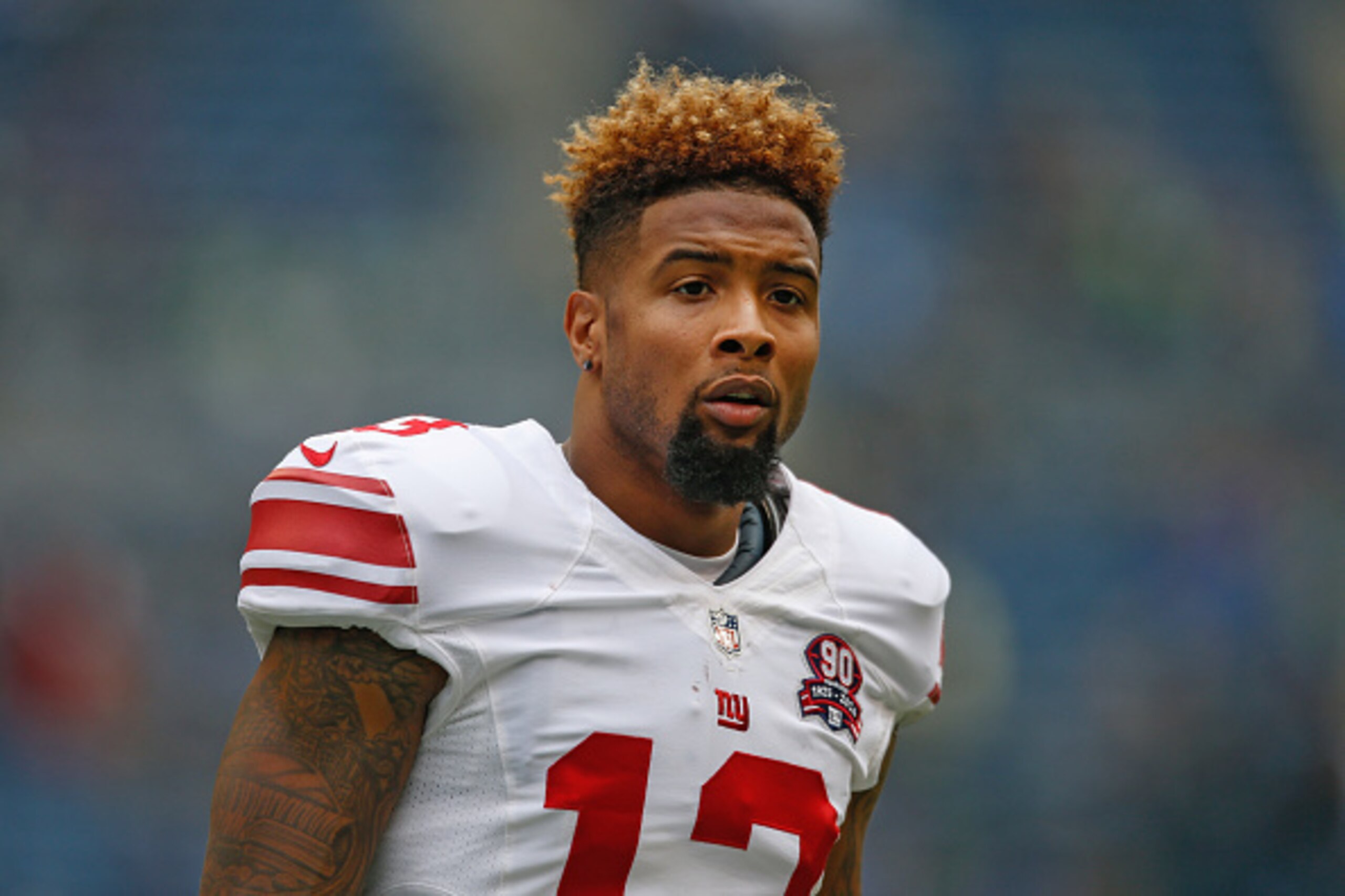 SEATTLE, WA - NOVEMBER 09:  Wide receiver Odell Beckham Jr. #13 of the New York Giants looks on prior to the game against the Seattle Seahawks at CenturyLink Field on November 9, 2014 in Seattle, Washington.  (Photo by Otto Greule Jr/Getty Images)