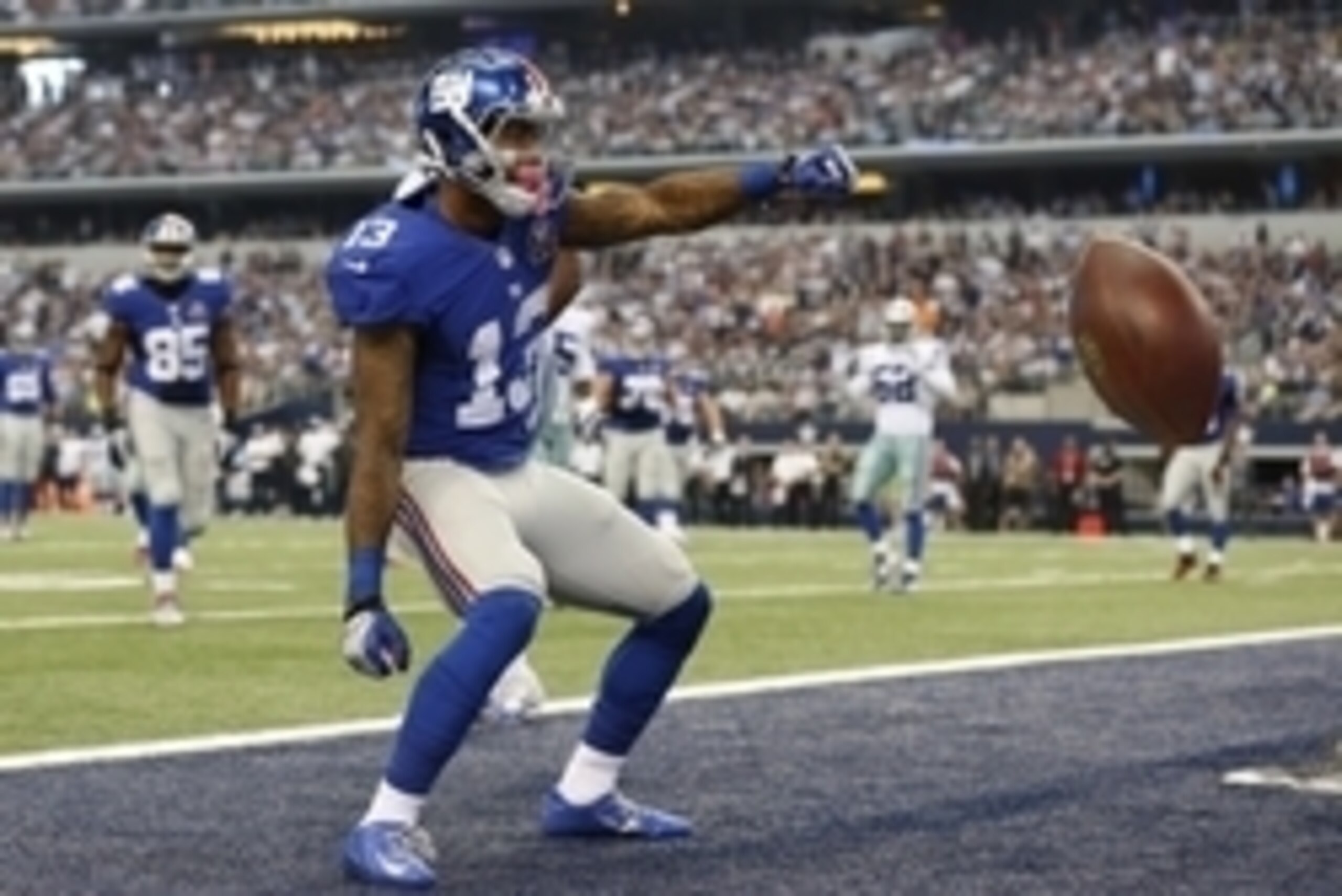Oct 19, 2014; Arlington, TX, USA; New York Giants wide receiver Odell Beckham Jr. (13) celebrates his second quarter touchdown against the Dallas Cowboys at AT&T Stadium. Mandatory Credit: Matthew Emmons-USA TODAY Sports Oct 19, 2014; Arlington, TX, USA; New York Giants wide receiver Odell Beckham Jr. (13) celebrates his second quarter touchdown against the Dallas Cowboys at AT&T Stadium. Mandatory Credit: Matthew Emmons-USA TODAY Sports