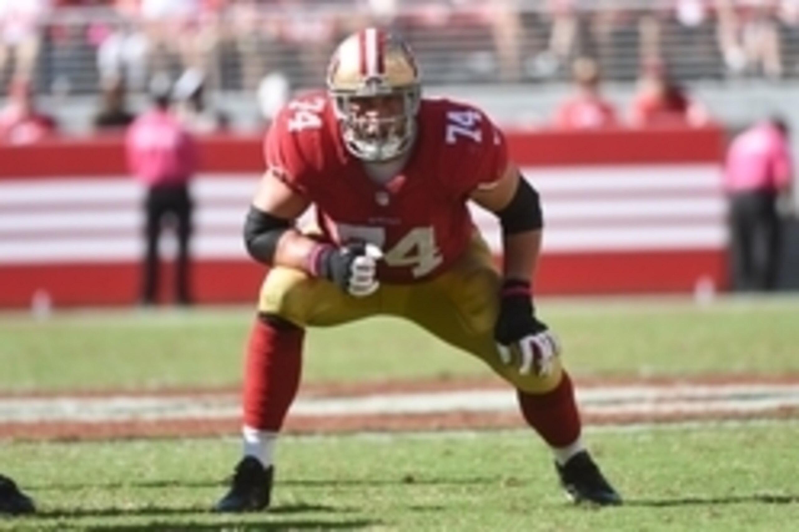 October 5, 2014; Santa Clara, CA, USA; San Francisco 49ers tackle Joe Staley (74) lines up during the third quarter against the Kansas City Chiefs at Levi's Stadium. The 49ers defeated the Chiefs 22-17. Mandatory Credit: Kyle Terada-USA TODAY Sports October 5, 2014; Santa Clara, CA, USA; San Francisco 49ers tackle Joe Staley (74) lines up during the third quarter against the Kansas City Chiefs at Levi's Stadium. The 49ers defeated the Chiefs 22-17. Mandatory Credit: Kyle Terada-USA TODAY Sports