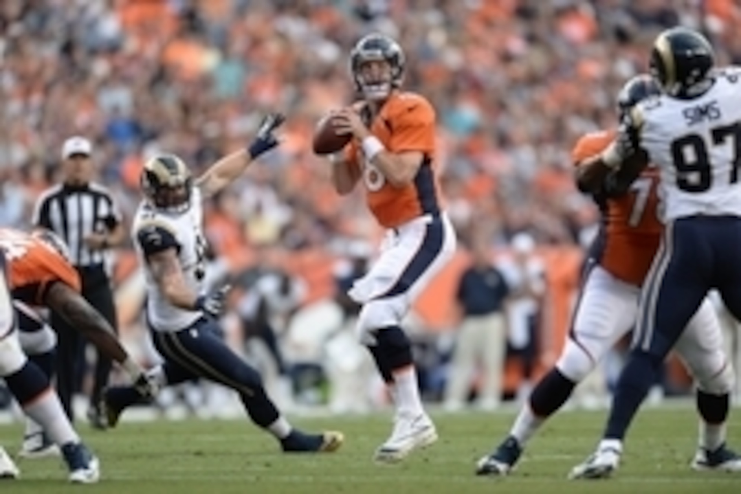 Aug 24, 2013; Denver, CO, USA; Denver Broncos quarterback Peyton Manning (18) prepares to pass during the first quarter against the St. Louis Rams at Sports Authority Field . Mandatory Credit: Ron Chenoy-USA TODAY Sports