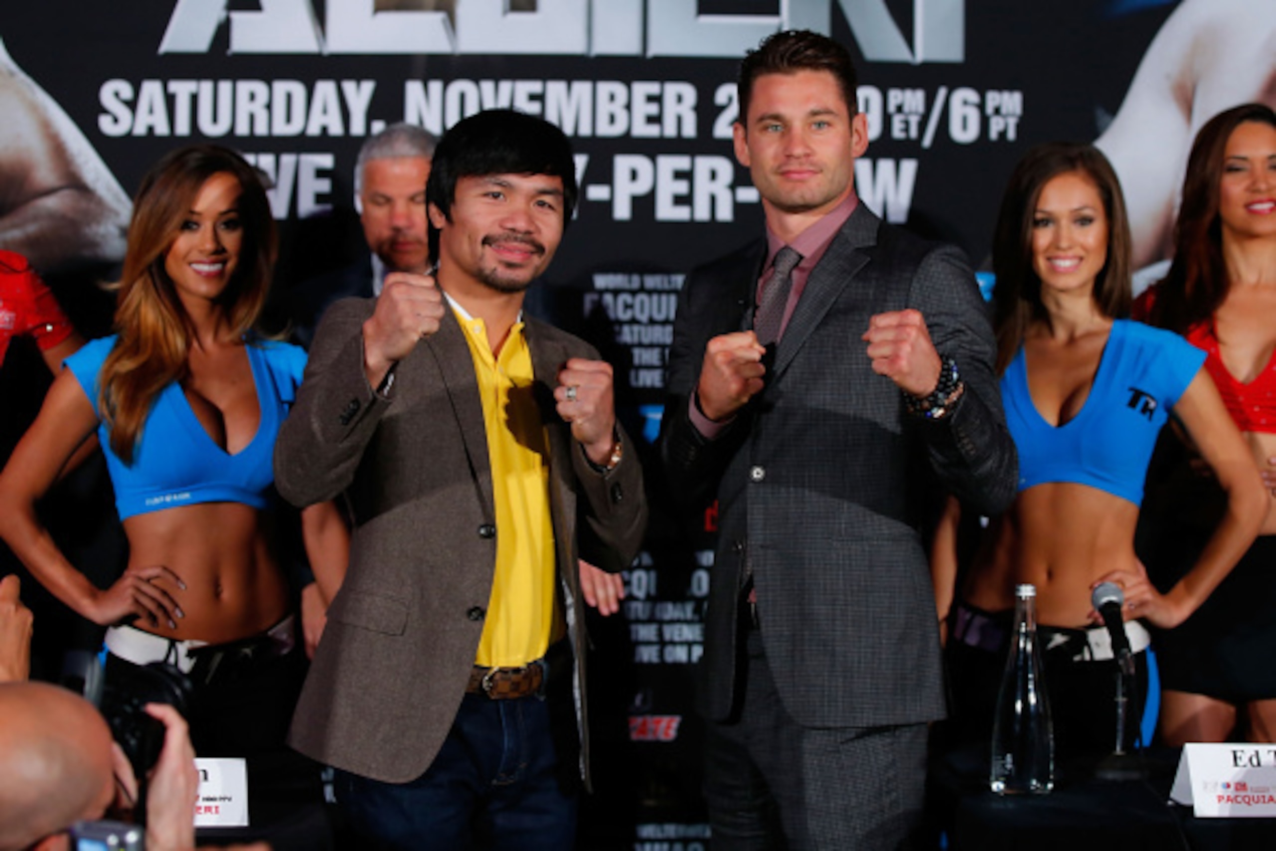 NEW YORK, NY - SEPTEMBER 04:  Manny Pacquiao and Chris Algieri attend the Manny Pacquiao v Chris Algieri Media Tour at The Liberty Theatre on September 4, 2014 in New York City.  (Photo by Joe Scarnici/Getty Images)