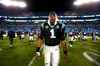 CHARLOTTE, NC - OCTOBER 30:   Cam Newton #1 of the Carolina Panthers reacts after being defeated by the New Orleans Saints 28-10 at Bank of America Stadium on October 30, 2014 in Charlotte, North Carolina.  (Photo by Streeter Lecka/Getty Images)