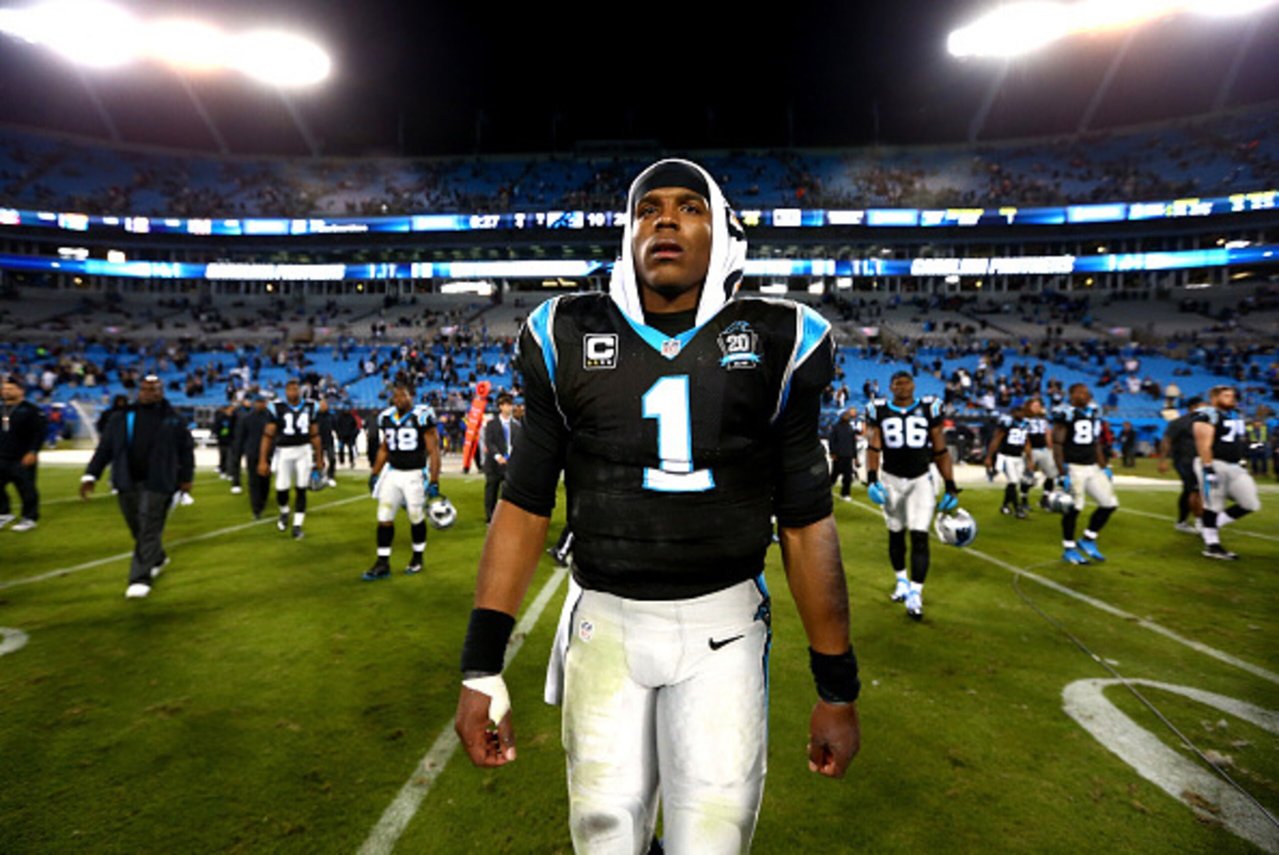 CHARLOTTE, NC - OCTOBER 30:   Cam Newton #1 of the Carolina Panthers reacts after being defeated by the New Orleans Saints 28-10 at Bank of America Stadium on October 30, 2014 in Charlotte, North Carolina.  (Photo by Streeter Lecka/Getty Images)
