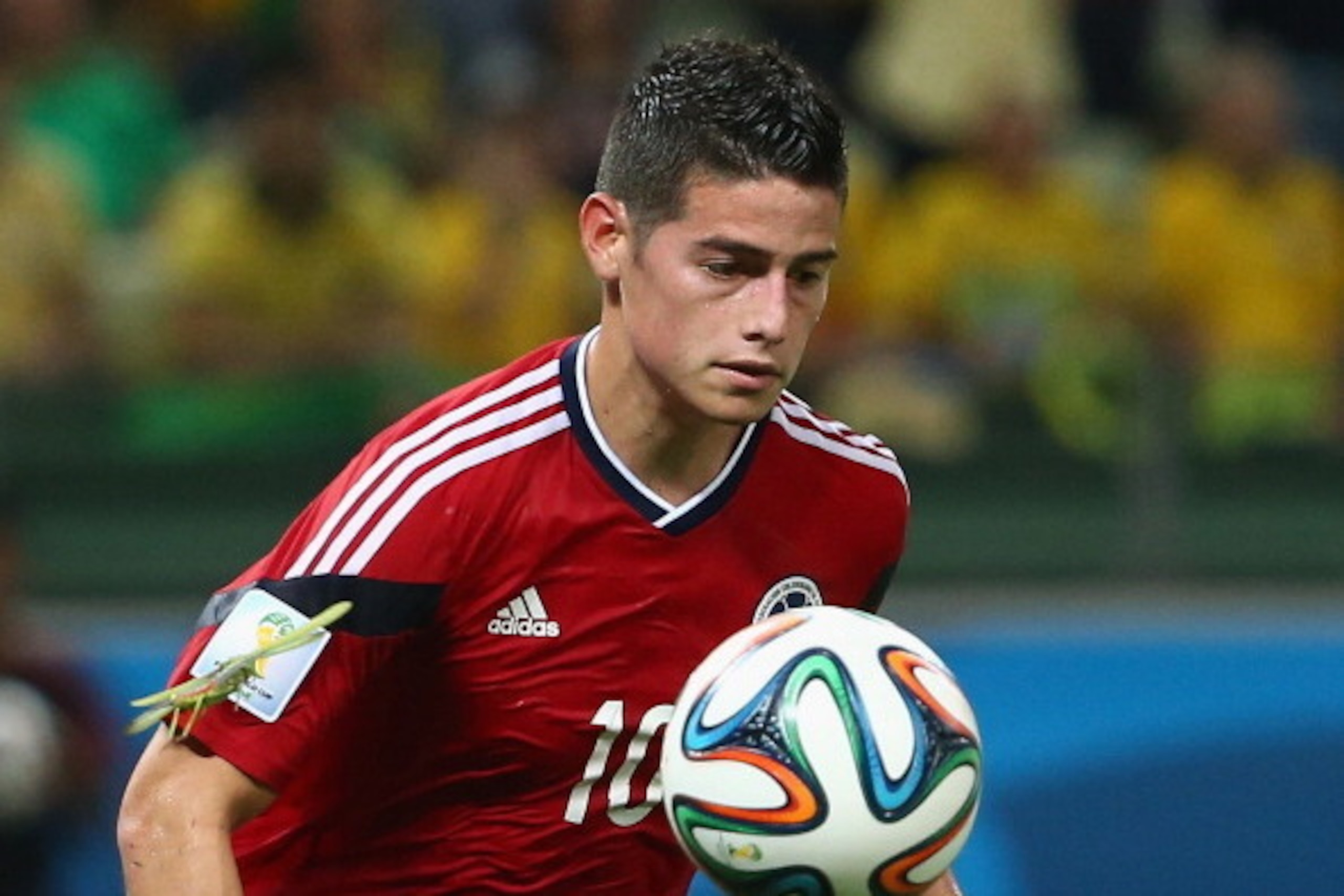 FORTALEZA, BRAZIL - JULY 04:  A bug lands on the arm of James Rodriguez of Colombia as he celebrates scoring his team's first goal on a penalty kick during the 2014 FIFA World Cup Brazil Quarter Final match between Brazil and Colombia at Castelao on July 