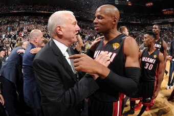 SAN ANTONIO, TX - JUNE 15: Gregg Popovich of the San Antonio Spurs and Ray Allen #34 of the Miami Heat embrace after the San Antonio Spurs' victory in Game Five and winning the 2014 NBA Finals between the Miami Heat and San Antonio Spurs at AT&T Center on