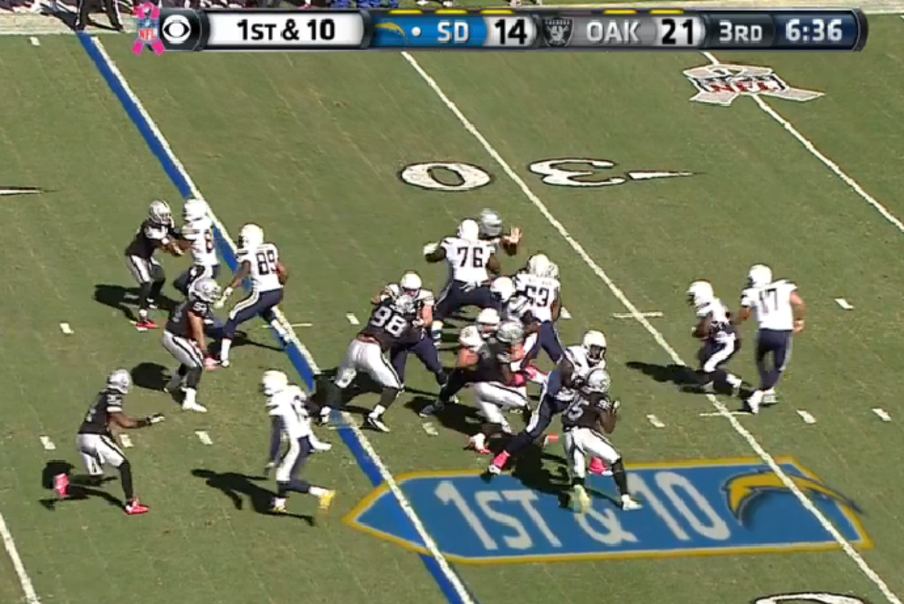 After Philip Rivers did a nice job selling the play as a pass, Branden Oliver has a tight lane he can follow behind h-back David Johnson.