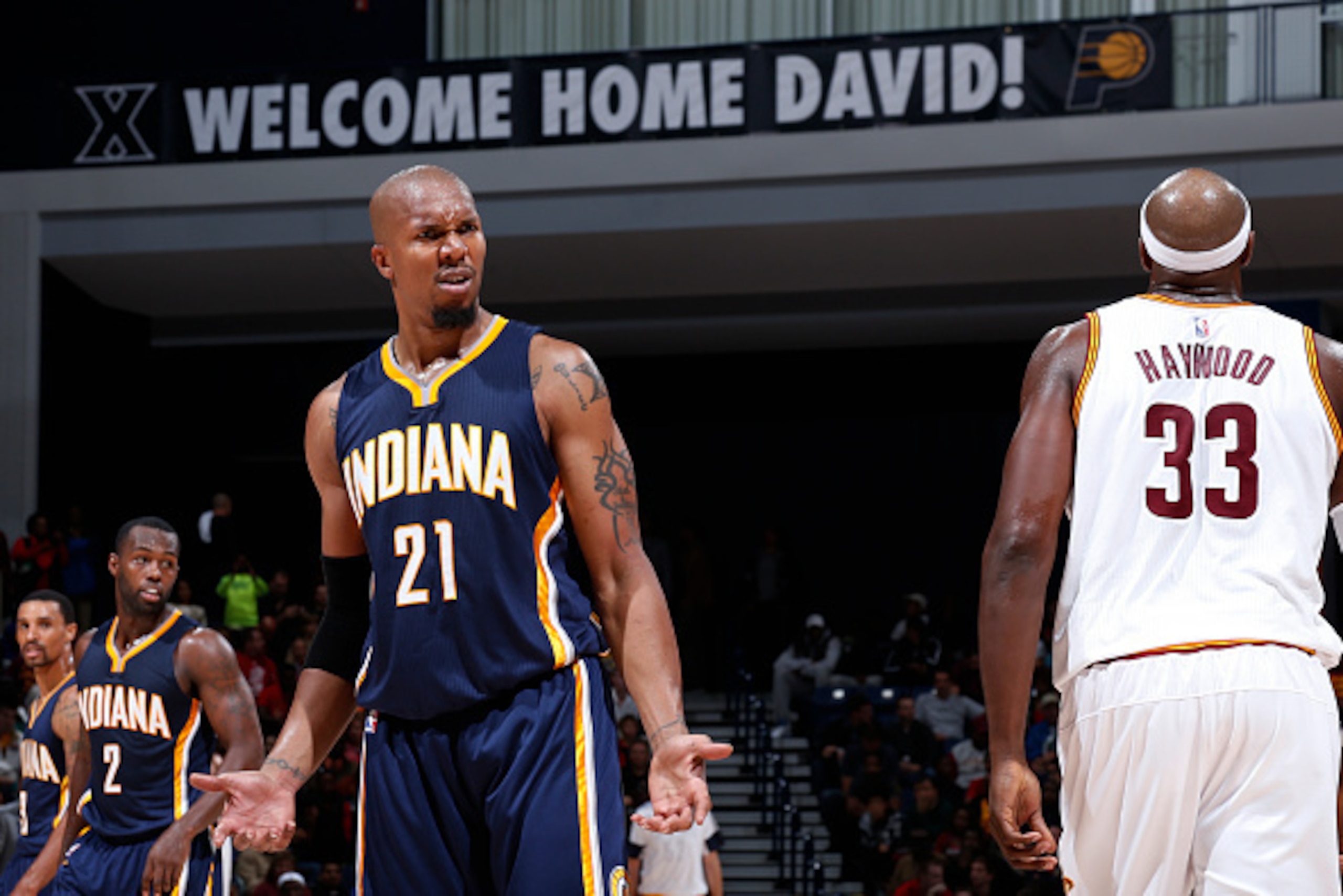 CINCINNATI, OH - OCTOBER 15: David West #21 of the Indiana Pacers argues after being called for a foul during the game against the Cleveland Cavaliers at Cintas Center on October 15, 2014 in Cincinnati, Ohio. Cleveland defeated Indiana 98-93. NOTE TO USER