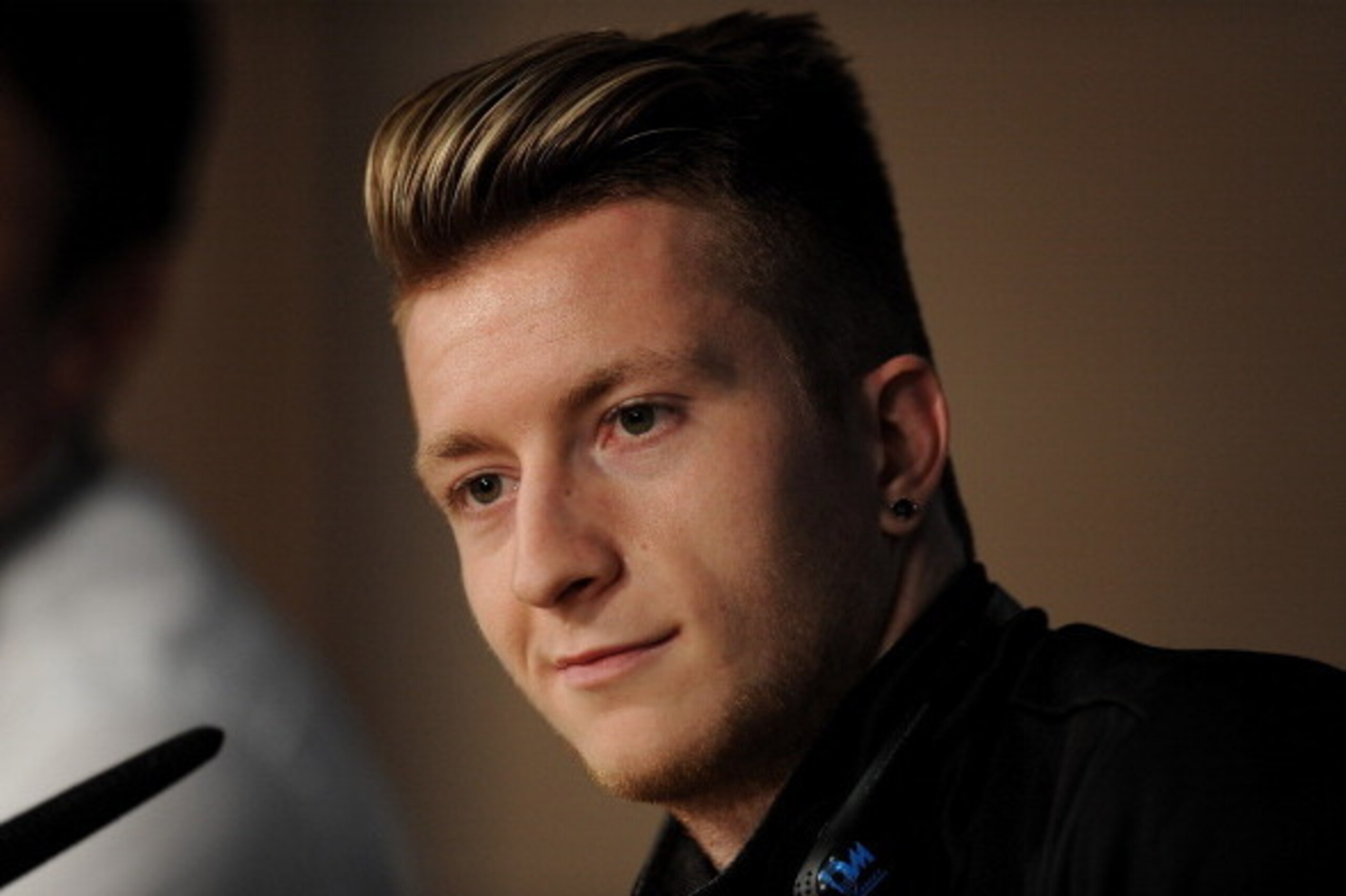 MADRID, SPAIN - APRIL 01:  Marco Reus of Borussia Dortmund gives a press conference at Santiago Bernabeu stadium ahead of the UEFA Champions League quarter-final match between Real Madrid and Borussia Dortmund, on April 1, 2014 in Madrid, Spain.  (Photo b