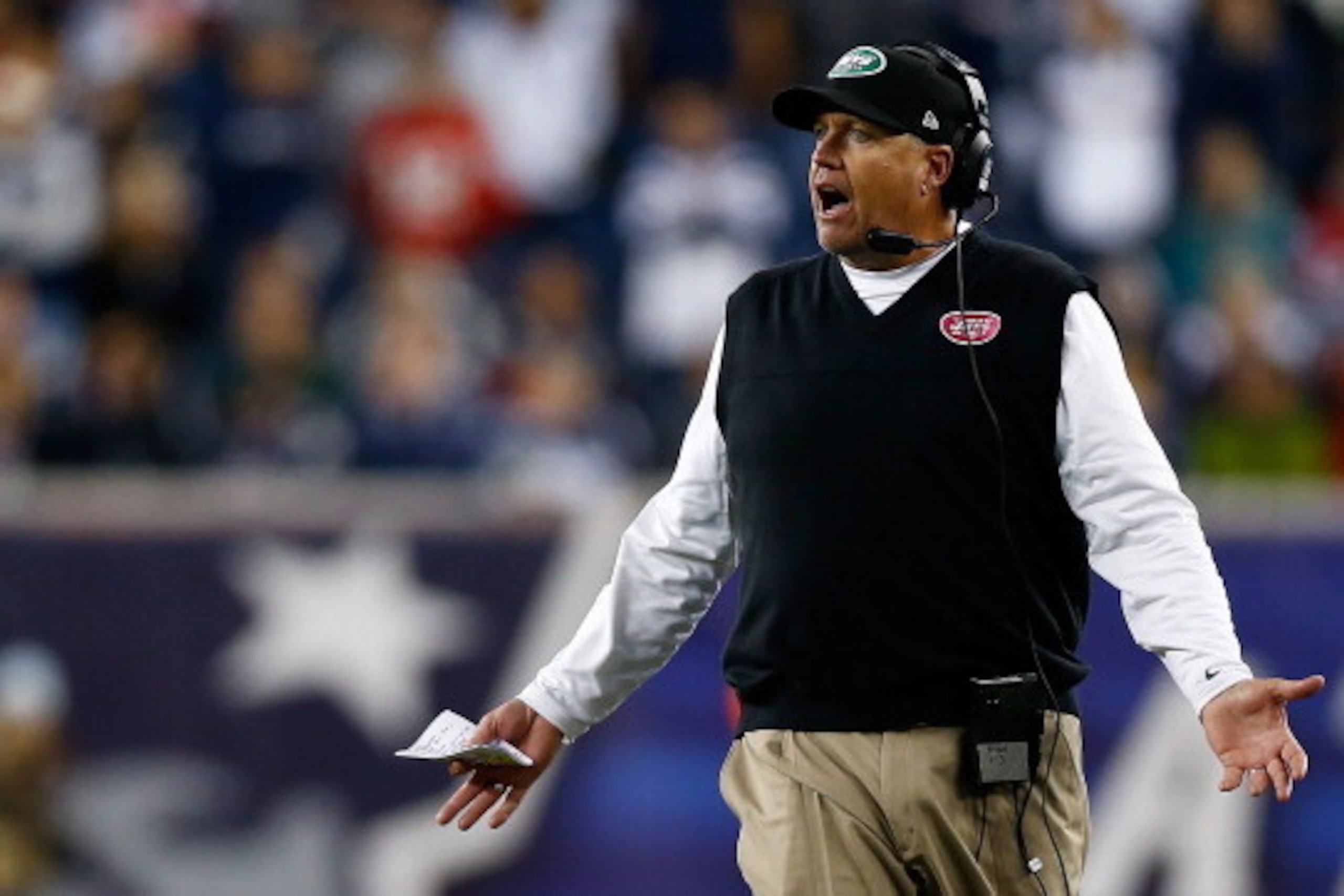 FOXBORO, MA - OCTOBER 21:  Head coach Rex Ryan of the New York Jets yells to the referees during the game against the New England Patriots on October 21, 2012 at Gillette Stadium in Foxboro, Massachusetts.  (Photo by Jared Wickerham/Getty Images)