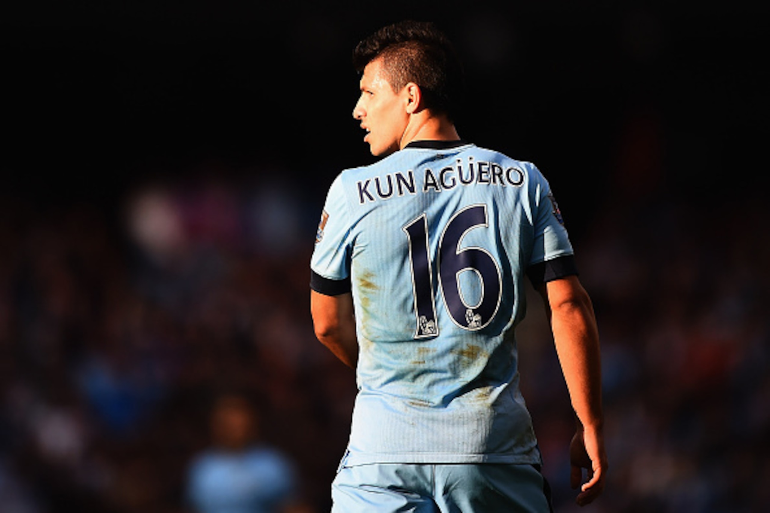 MANCHESTER, ENGLAND - NOVEMBER 02:  Sergio Aguero of Manchester City looks on during the Barclays Premier League match between Manchester City and Manchester United at Etihad Stadium on November 2, 2014 in Manchester, England.  (Photo by Laurence Griffith