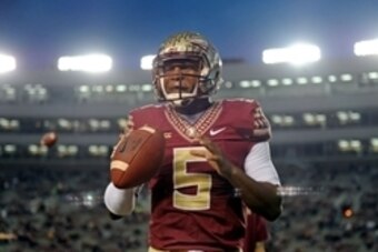 Nov 8, 2014; Tallahassee, FL, USA; Florida State Seminoles quarterback Jameis Winston (5) warms up before the game against the Virginia Cavaliers at Doak Campbell Stadium. Mandatory Credit: Melina Vastola-USA TODAY Sports