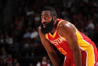HOUSTON, TX - NOVEMBER 6:  James Harden #13 of the Houston Rockets during the game against the San Antonio Spurs on November 6, 2014 at the Toyota Center in Houston, Texas. NOTE TO USER: User expressly acknowledges and agrees that, by downloading and or u