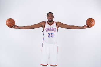 Oklahoma City, OK - SEPTEMBER 29: Kevin Durant #35 of the Oklahoma City Thunder poses for a portrait during 2014 NBA Media Day on September 27, 2014 at the Chesapeake Arena in Oklahoma City, Oklahoma. NOTE TO USER:  User expressly acknowledges and agrees 