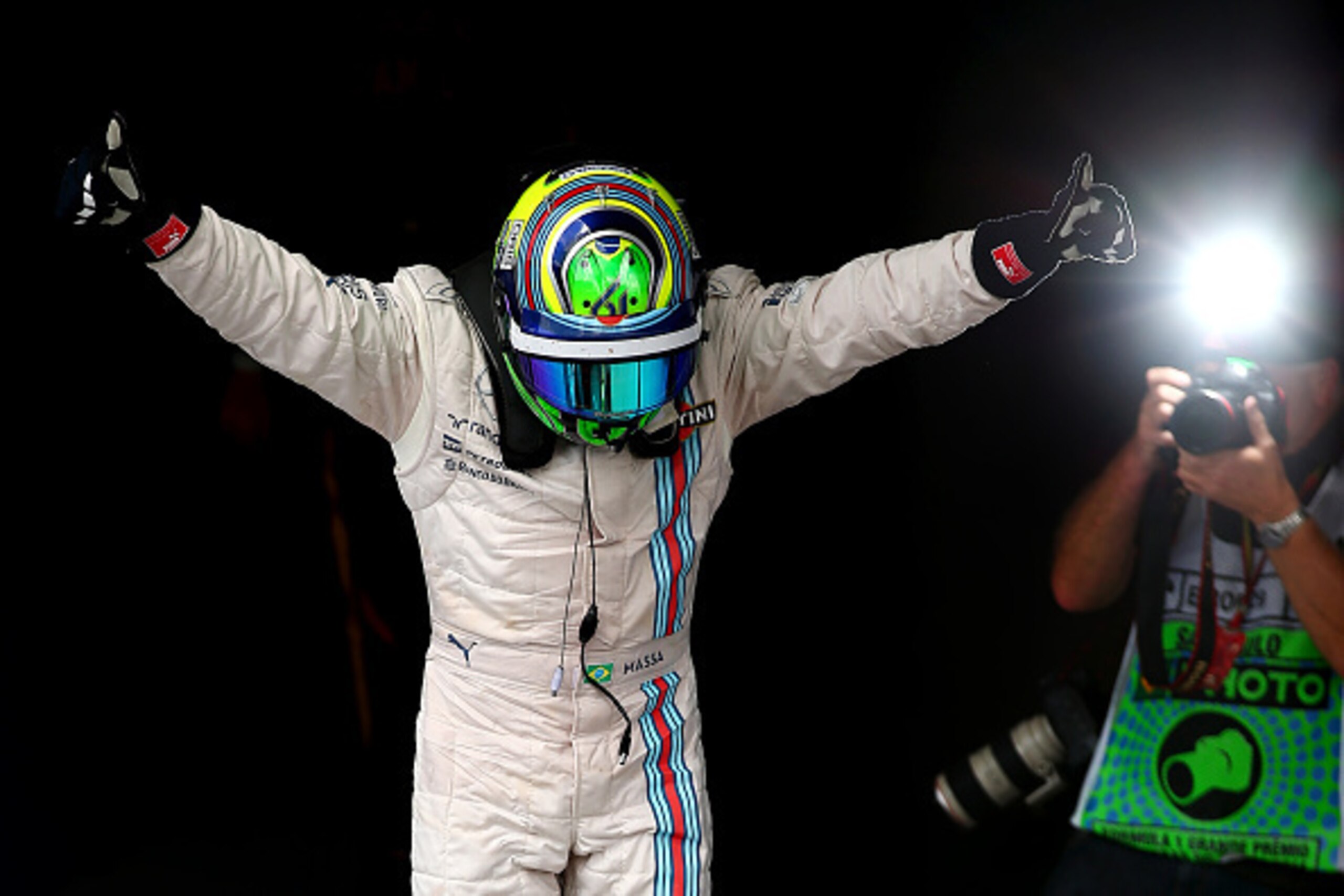 SAO PAULO, BRAZIL - NOVEMBER 09:  Felipe Massa of Brazil and Williams celebrates in Parc Ferme after finishing third in the Brazilian Formula One Grand Prix at Autodromo Jose Carlos Pace on November 9, 2014 in Sao Paulo, Brazil.  (Photo by Mark Thompson/G