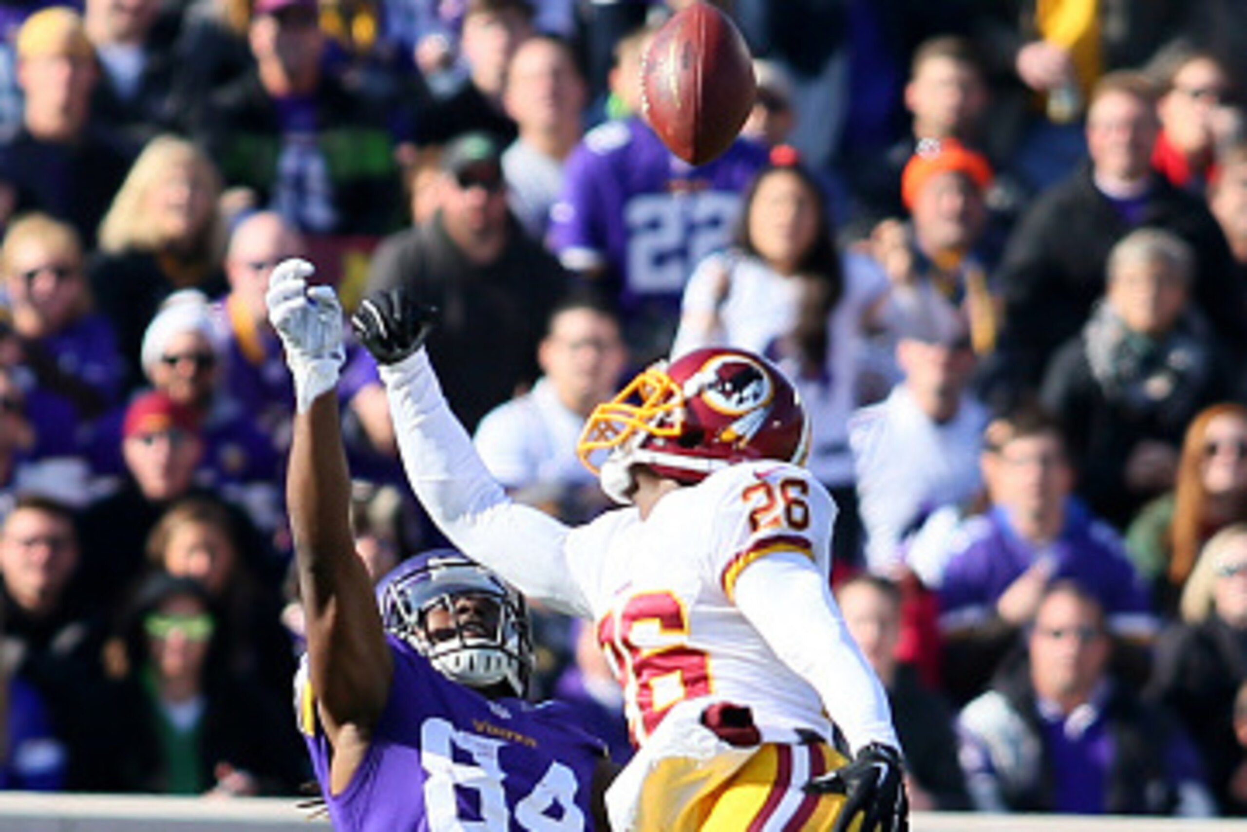 MINNEAPOLIS, MN - NOVEMBER 2: Cordarrelle Patterson #84 of the Minnesota Vikings reaches for the ball while Bashaud Breeland #26 of the Washington Redskins blocks the pass attempt during the second quarter on November 2, 2014 at TCF Bank Stadium in Minne MINNEAPOLIS, MN - NOVEMBER 2: Cordarrelle Patterson #84 of the Minnesota Vikings reaches for the ball while Bashaud Breeland #26 of the Washington Redskins blocks the pass attempt during the second quarter on November 2, 2014 at TCF Bank Stadium in Minne