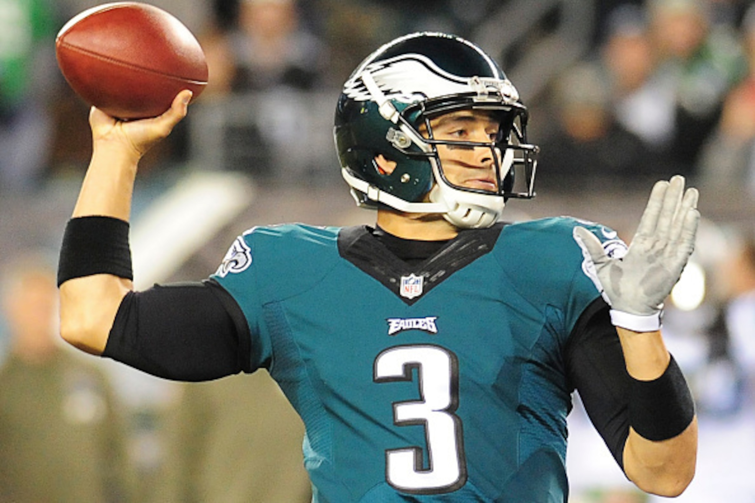 PHILADELPHIA, PA - NOVEMBER 10: Mark Sanchez #3 of the Philadelphia Eagles throws a pass in the first quarter against the Carolina Panthers on November 10, 2014 at Lincoln Financial Field in Philadelphia, Pennsylvania. (Photo by Evan Habeeb/Getty Images)