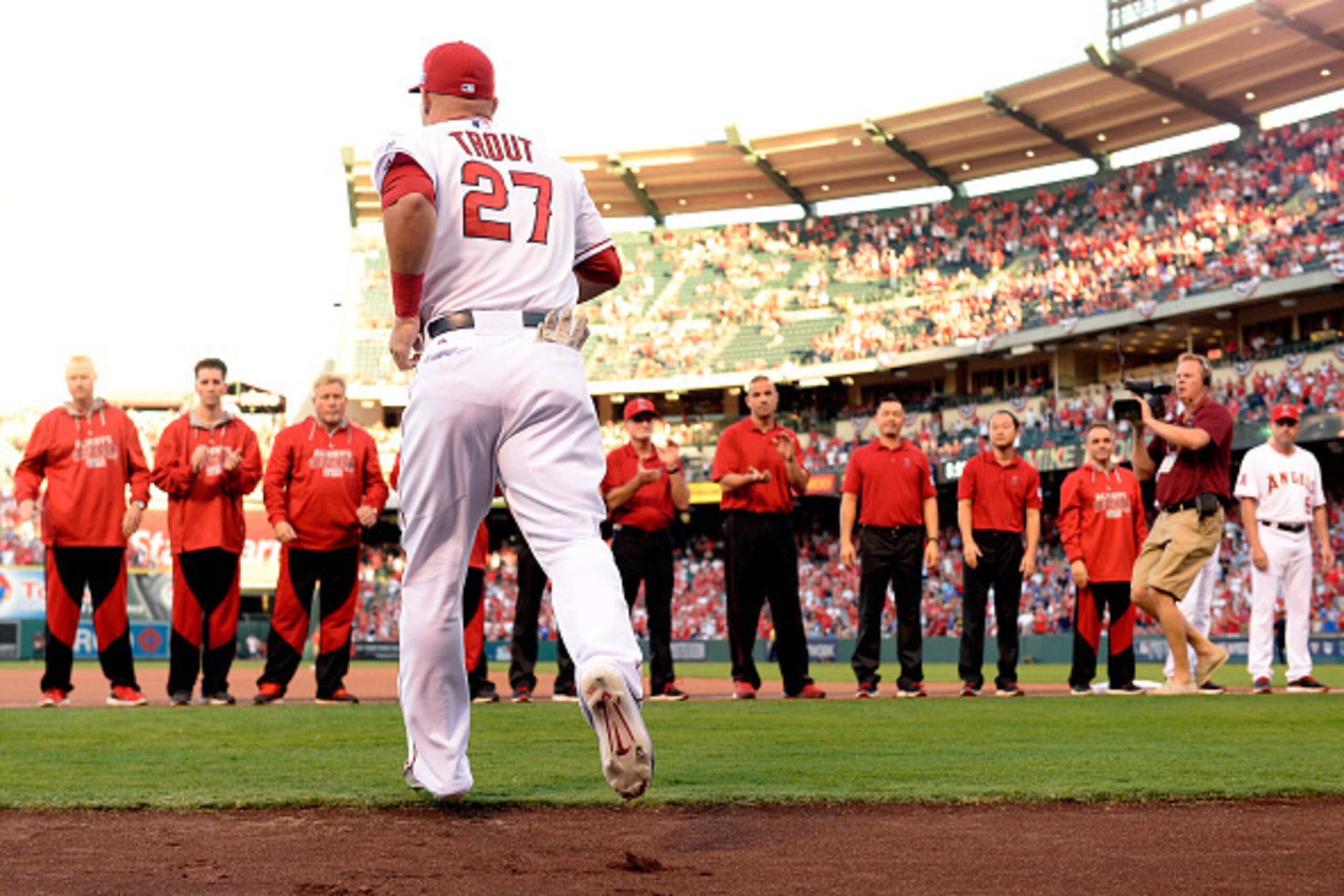 ANAHEIM, CA - OCTOBER 02:  Mike Trout #27 of the Los Angeles Angels takes the field for Game One of the American League Division Series against the Kansas City Royals at Angel Stadium of Anaheim on October 2, 2014 in Anaheim, California.  (Photo by Harry 