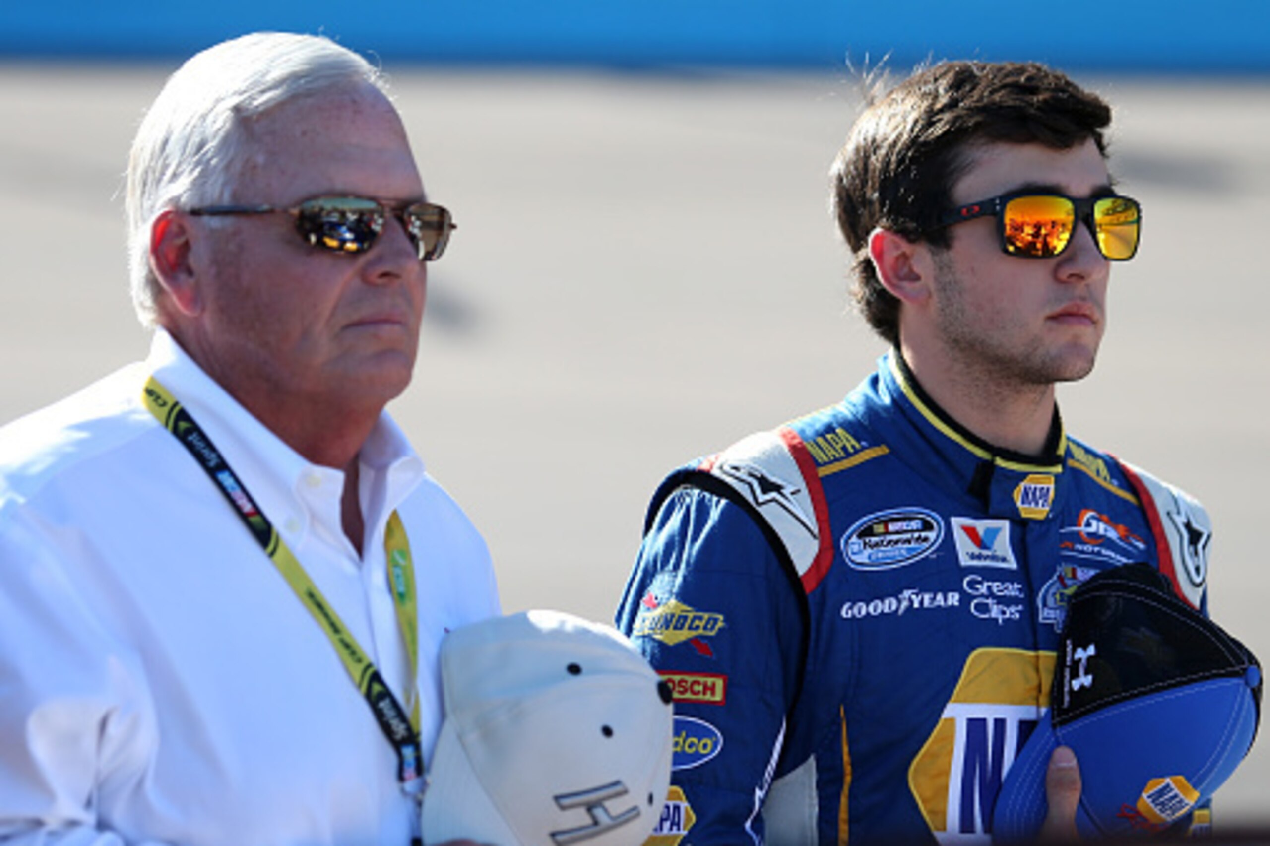 AVONDALE, AZ - NOVEMBER 08:  Chase Elliott, driver of the #9 NAPA Auto Parts Chevrolet, stands on the grid with team owner Rick Hendrick prior to the NASCAR Nationwide Series DAV 200 at Phoenix International Raceway on November 8, 2014 in Avondale, Arizon