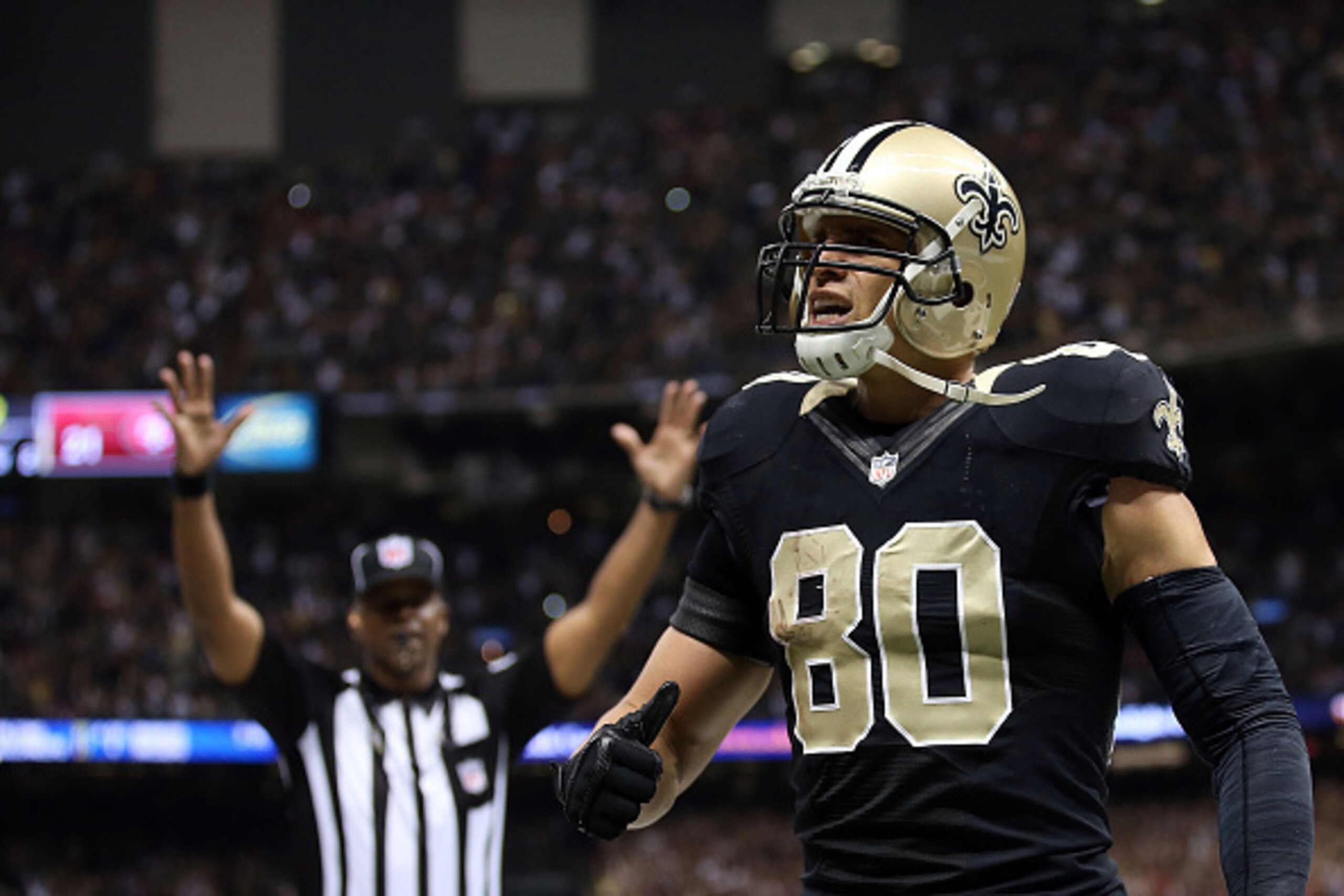 NEW ORLEANS, LA - NOVEMBER 09:  Jimmy Graham #80 of the New Orleans Saints reacts to a touchdown late in the fourth quarter during a game against the San Francisco 49ers at the Mercedes-Benz Superdome on November 9, 2014 in New Orleans, Louisiana.  (Photo