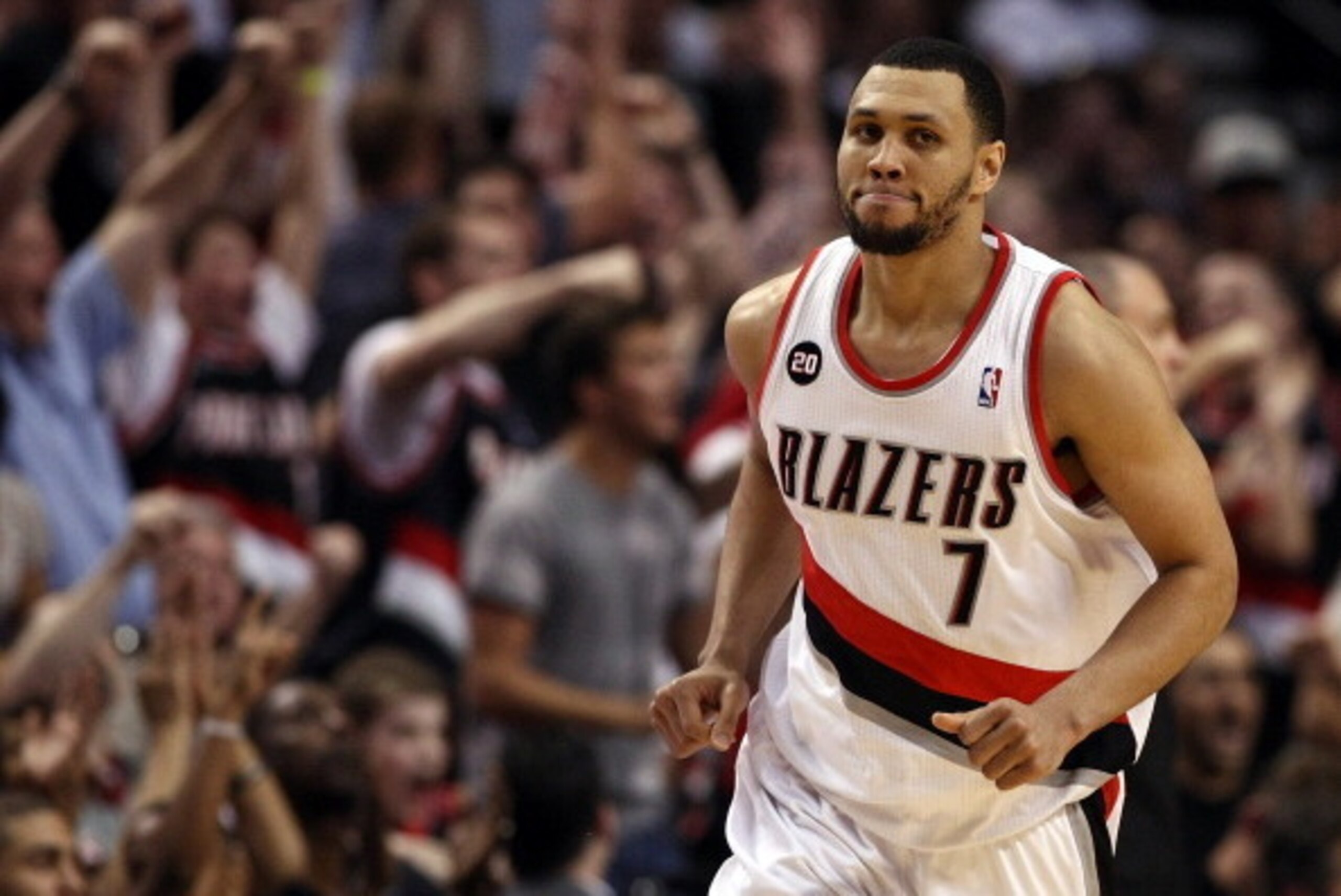 PORTLAND, OR - APRIL 23:  Brandon Roy #7 of the Portland Trail Blazers runs down court after making a shot to overcome a 23 point deficit to defeat the the Dallas Mavericks 84-82 in Game Four of the Western Conference Quarterfinals in the 2011 NBA Playoff