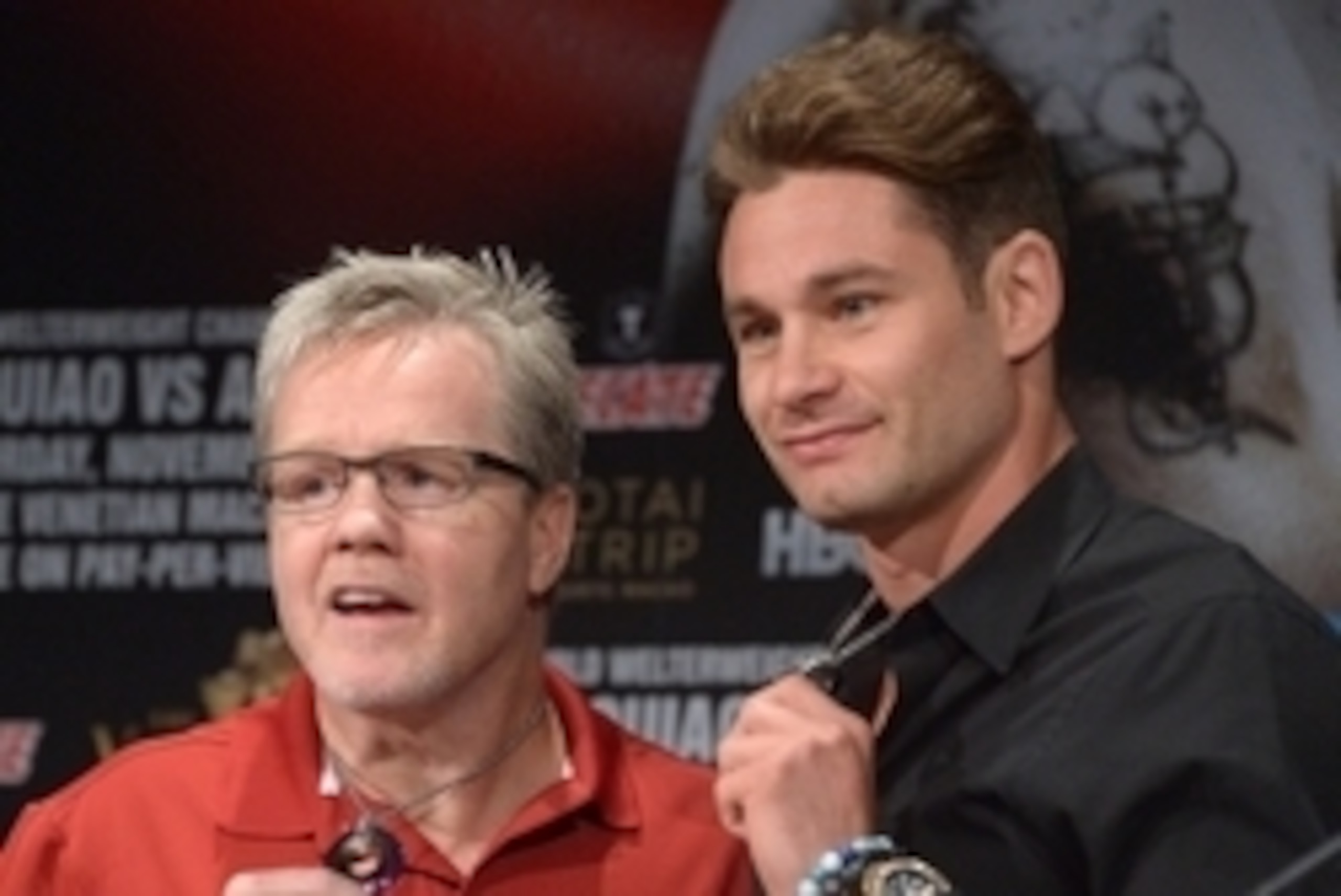Sep 3, 2014; Los Angeles, CA, USA; Chris Algieri (right) poses with Freddie Roach at press conference at Hyatt Regency Century Plaza Hotel in advance of World Welterweight Championship bout against Manny Pacquiao (not pictured) on Nov. 22, 2014. Mandatory