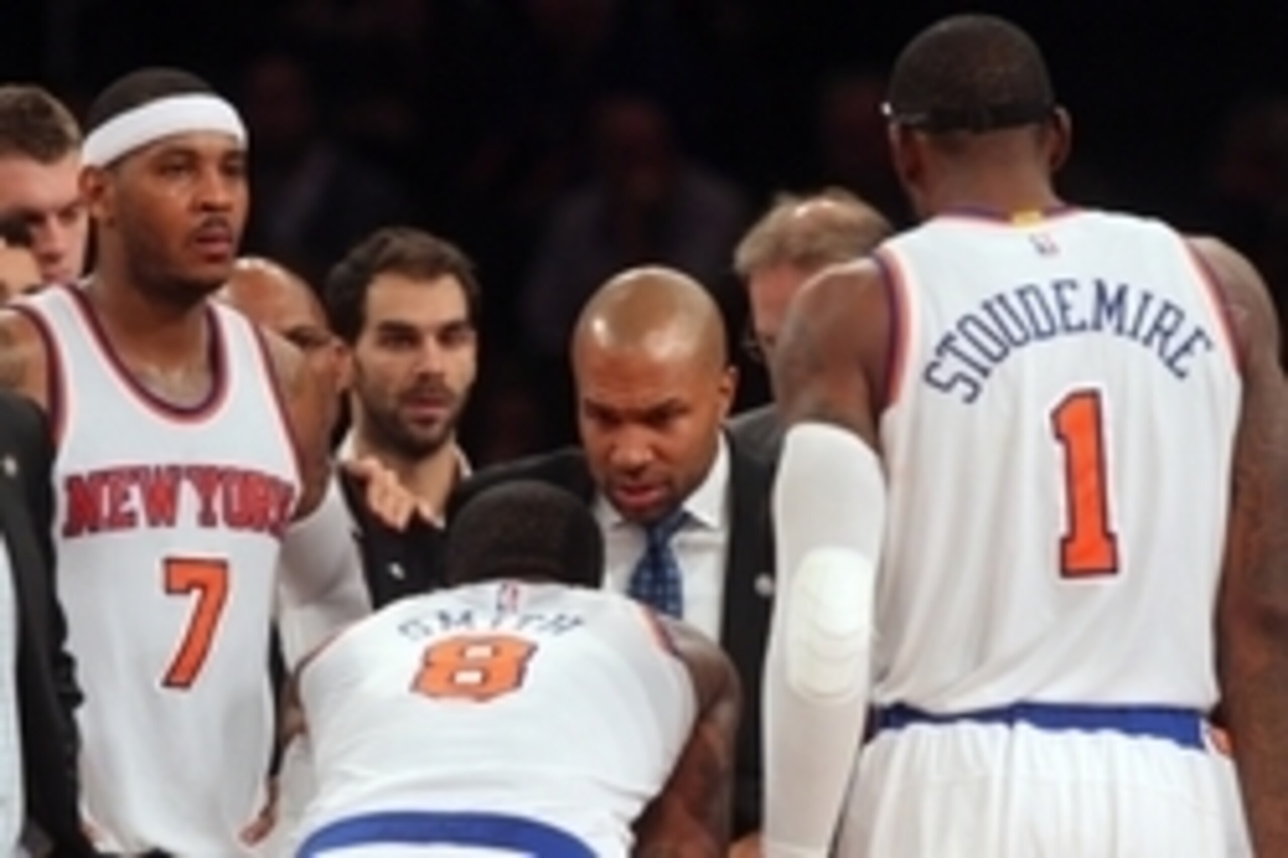 Nov 10, 2014; New York, NY, USA; New York Knicks head coach Derek Fisher coaches New York Knicks small forward Carmelo Anthony (7) and New York Knicks shooting guard J.R. Smith (8) and New York Knicks power forward Amar'e Stoudemire (1) against the Atlant