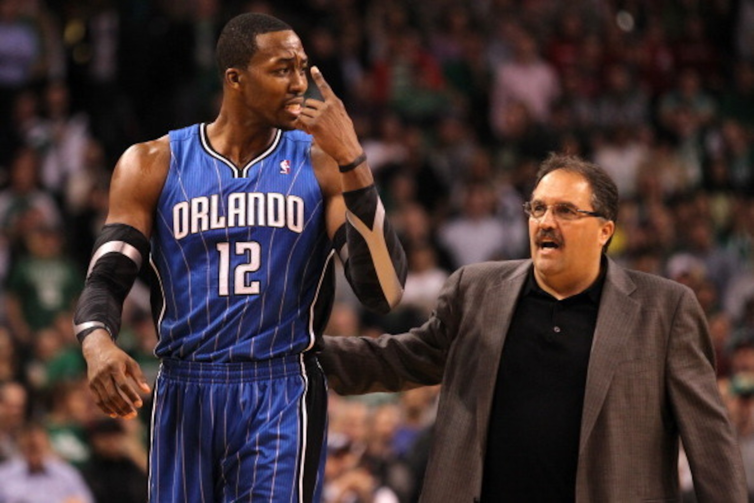 BOSTON, MA - JANUARY 23: Head Coach Stan Van Gundy talks to Dwight Howard #12 of the Orlando Magic during the game against the Boston Celtics on January 23, 2012 at the TD Garden in Boston, Massachusetts. NOTE TO USER: User expressly acknowledges and agre