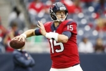 Nov 2, 2014; Houston, TX, USA; Houston Texans quarterback Ryan Mallett (15) warms up before the game against the Philadelphia Eagles at NRG Stadium. Mandatory Credit: Kevin Jairaj-USA TODAY Sports