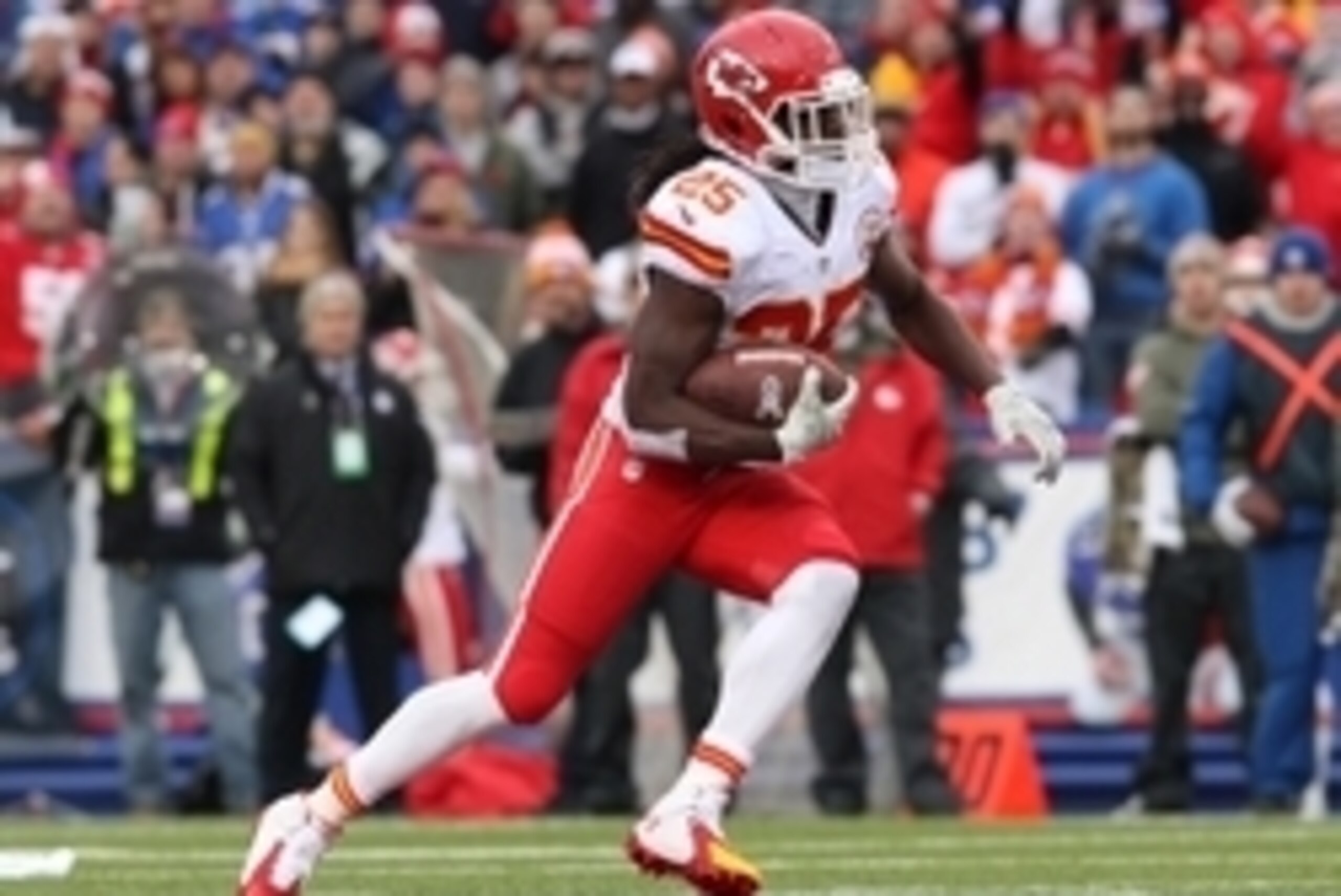 Nov 9, 2014; Orchard Park, NY, USA; Kansas City Chiefs running back Jamaal Charles (25) runs the ball during the first half against the Buffalo Bills at Ralph Wilson Stadium. Mandatory Credit: Timothy T. Ludwig-USA TODAY Sports