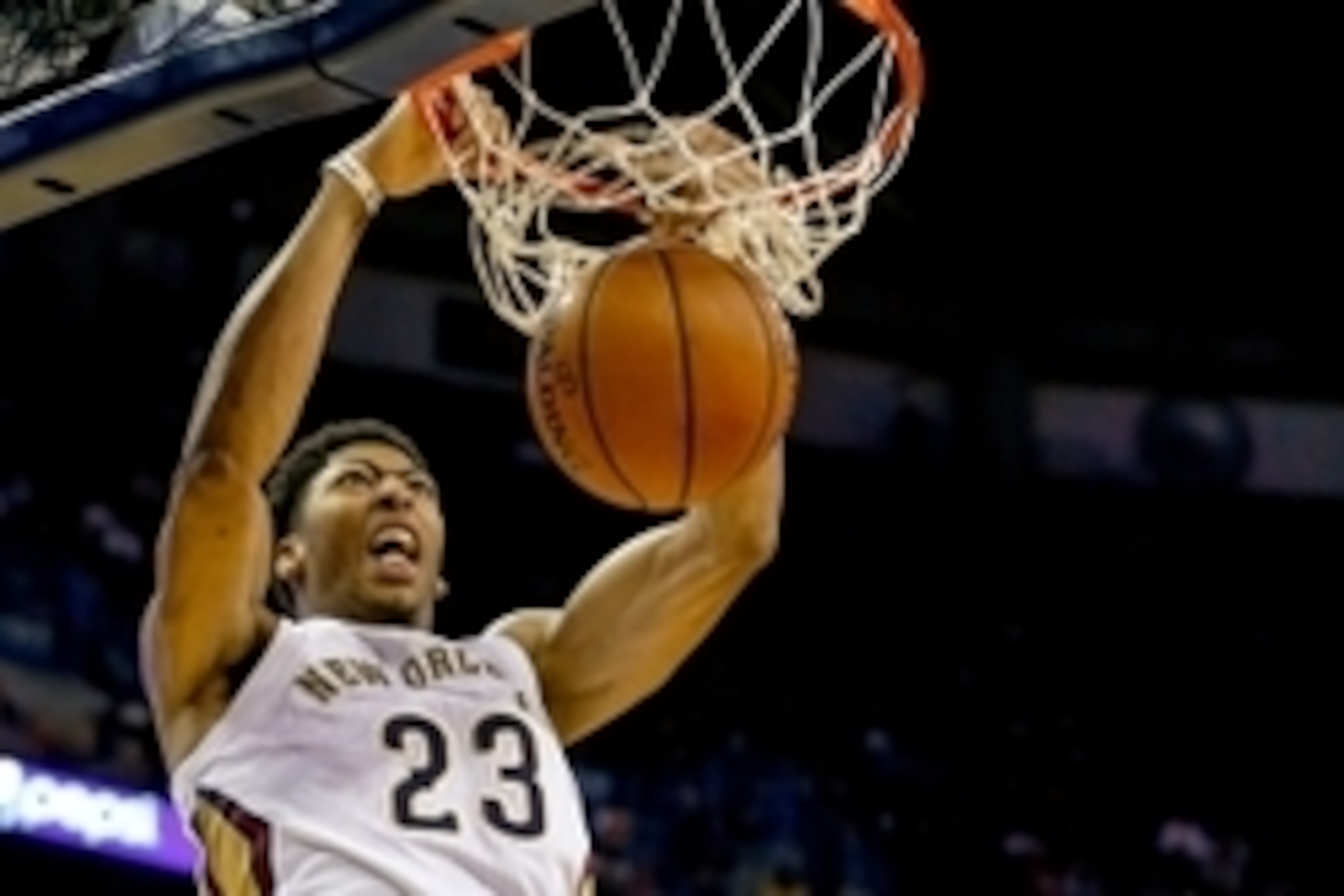 Nov 12, 2014; New Orleans, LA, USA; New Orleans Pelicans forward Anthony Davis (23) dunks against the Los Angeles Lakers during the second quarter of a game at the Smoothie King Center. Mandatory Credit: Derick E. Hingle-USA TODAY Sports