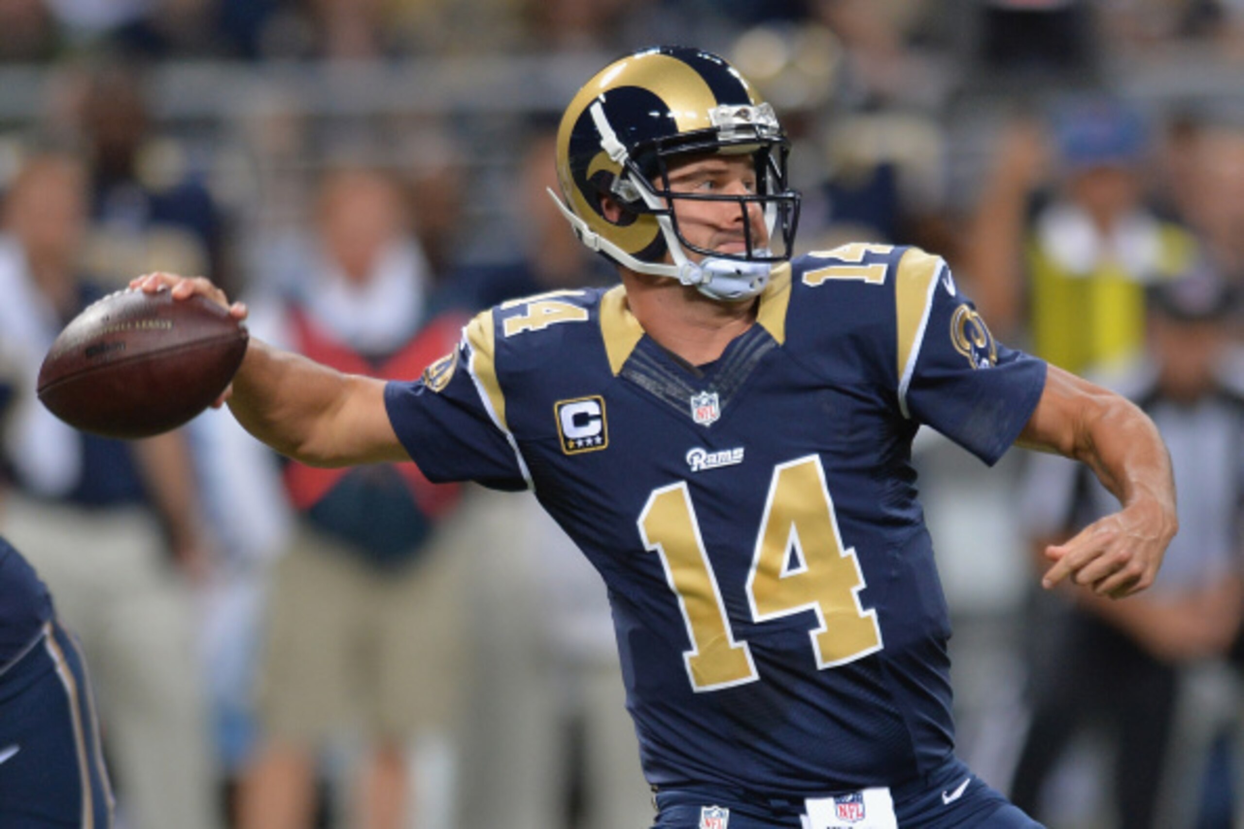 ST. LOUIS, MO - SEPTEMBER 7: Shaun Hill #14 of the St. Louis Rams passes against the Minnesota Vikings in the first quarter at the Edward Jones Dome on September 7, 2014 in St. Louis, Missouri. (Photo by Michael B. Thomas/Getty Images)
