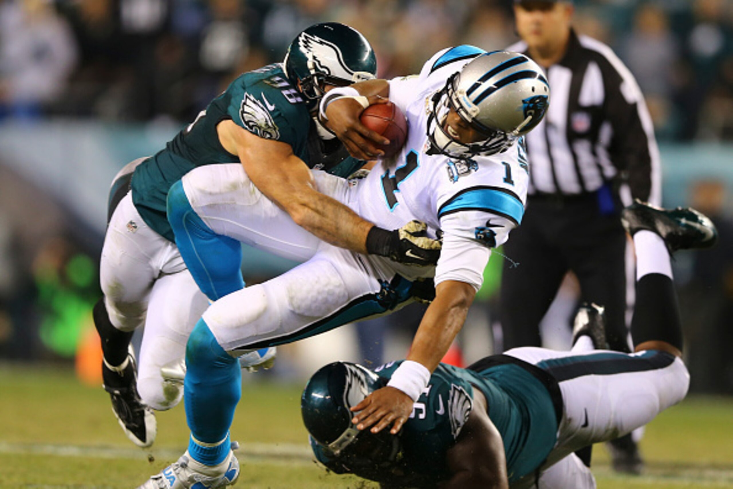 PHILADELPHIA, PA - NOVEMBER 10: Connor Barwin #98 of the Philadelphia Eagles sacks Cam Newton #1 of the Carolina Panthers on November 10, 2014 at Lincoln Financial Field in Philadelphia, Pennsylvania. (Photo by Elsa/Getty Images)