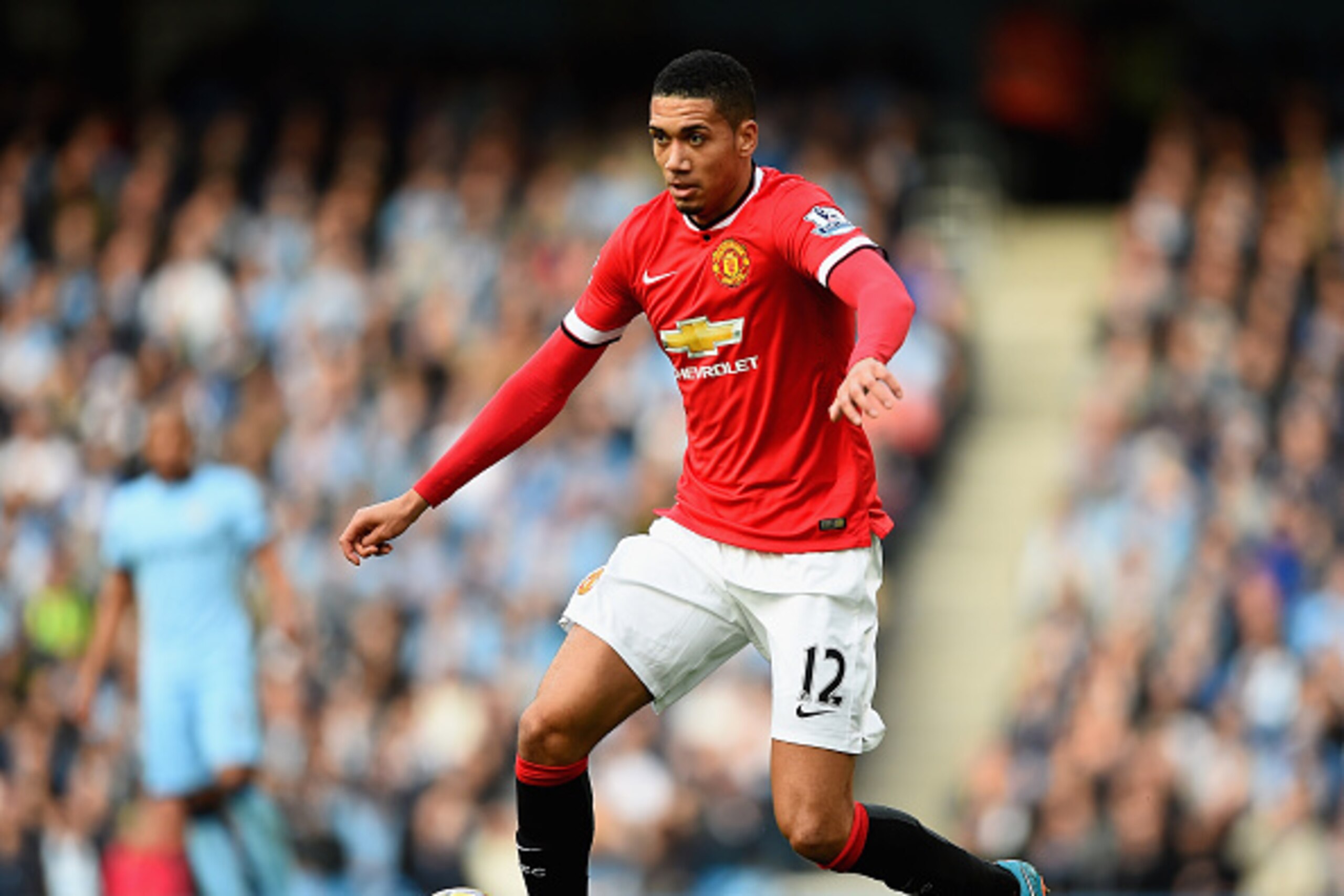 MANCHESTER, ENGLAND - NOVEMBER 02:  Chris Smalling of Manchester United in action during the Barclays Premier League match between Manchester City and Manchester United at Etihad Stadium on November 2, 2014 in Manchester, England.  (Photo by Laurence Grif