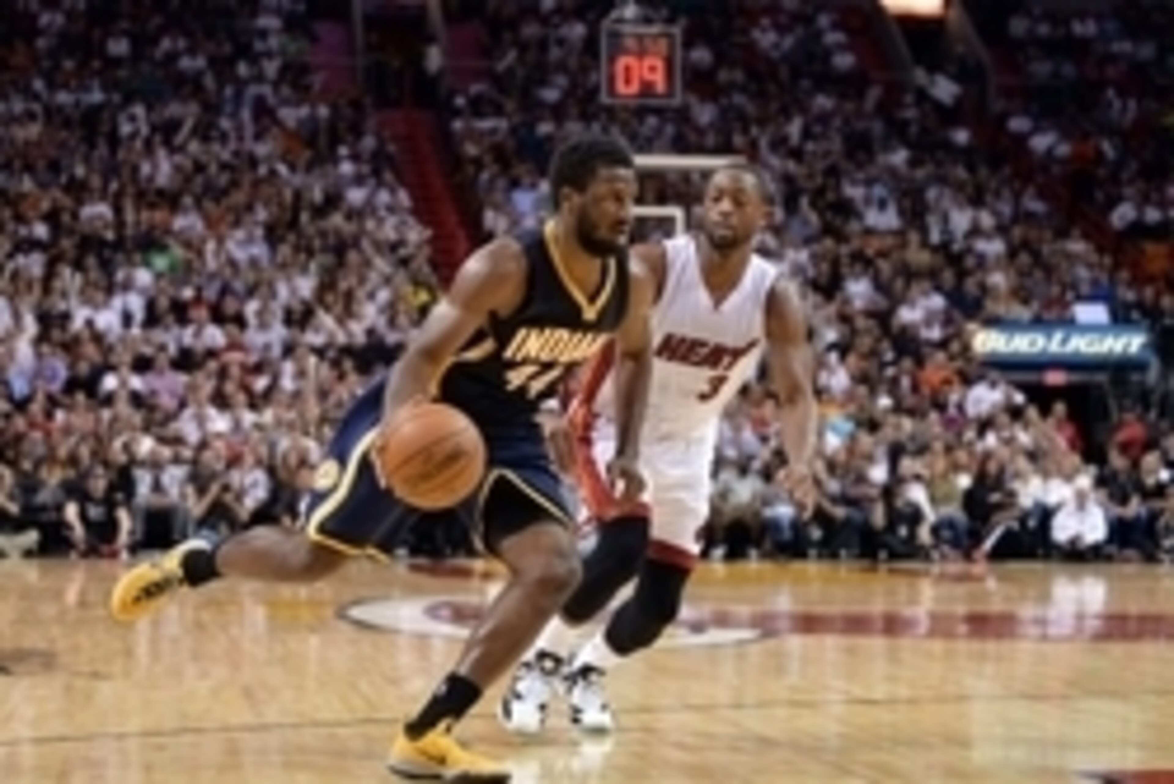 Nov 12, 2014; Miami, FL, USA; Indiana Pacers forward Solomon Hill (44) drives to the basket as Miami Heat guard Dwyane Wade (3) defends the play during the second half at American Airlines Arena. The Pacers won 81-75. Mandatory Credit: Steve Mitchell-USA Nov 12, 2014; Miami, FL, USA; Indiana Pacers forward Solomon Hill (44) drives to the basket as Miami Heat guard Dwyane Wade (3) defends the play during the second half at American Airlines Arena. The Pacers won 81-75. Mandatory Credit: Steve Mitchell-USA