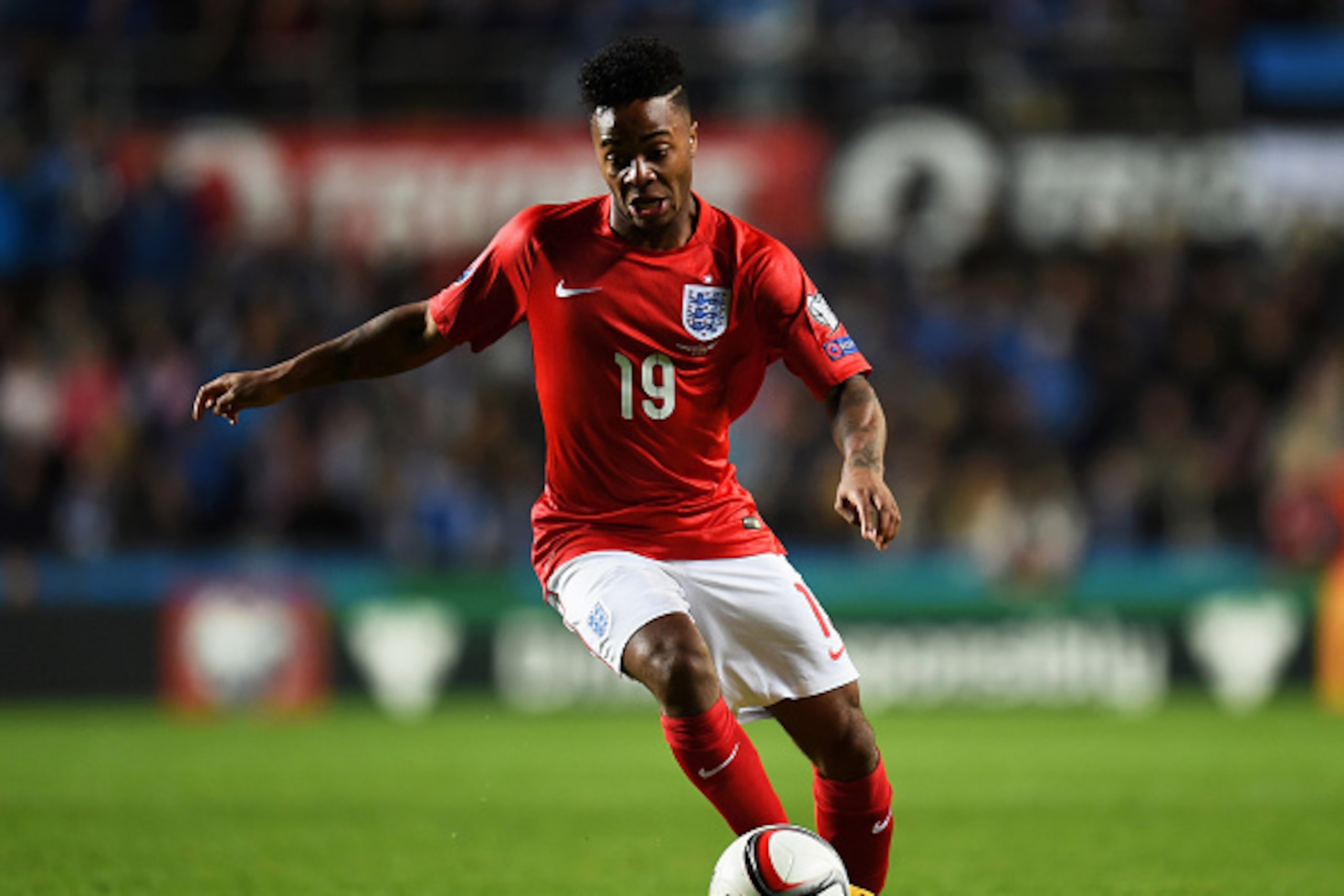 TALLINN, ESTONIA - OCTOBER 12:  Raheem Sterling of England runs with the ball during the EURO 2016 Qualifier match between Estonia and England at A. Le Coq Arena on October 12, 2014 in Tallinn, Estonia.  (Photo by Shaun Botterill/Getty Images)