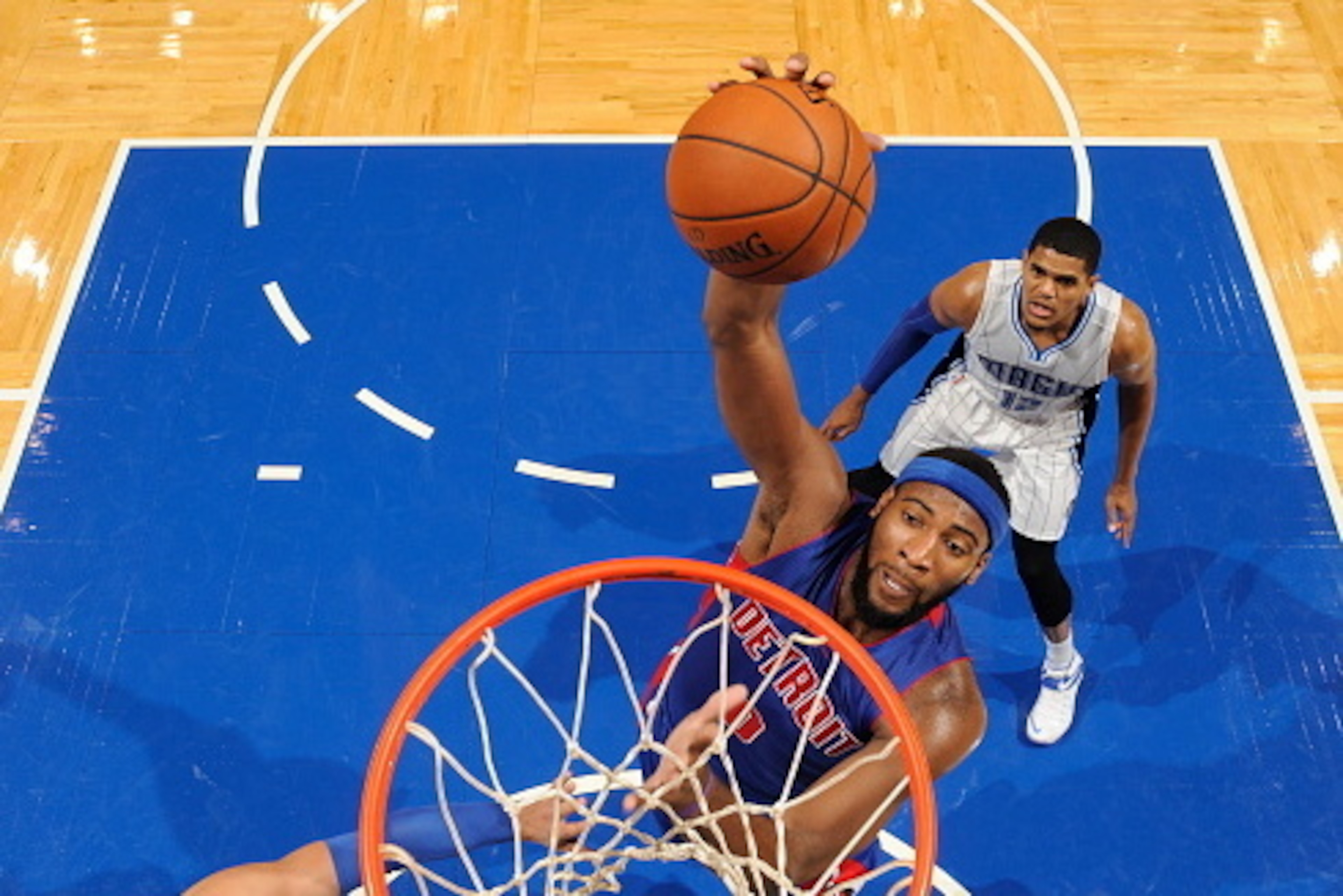 ORLANDO, FL - OCTOBER 17:  Andre Drummond #0 of the Orlando Magic goes up for dunk against the Detroit Pistons on October 17, 2014 at Amway Center in Orlando, Florida. NOTE TO USER: User expressly acknowledges and agrees that, by downloading and or using