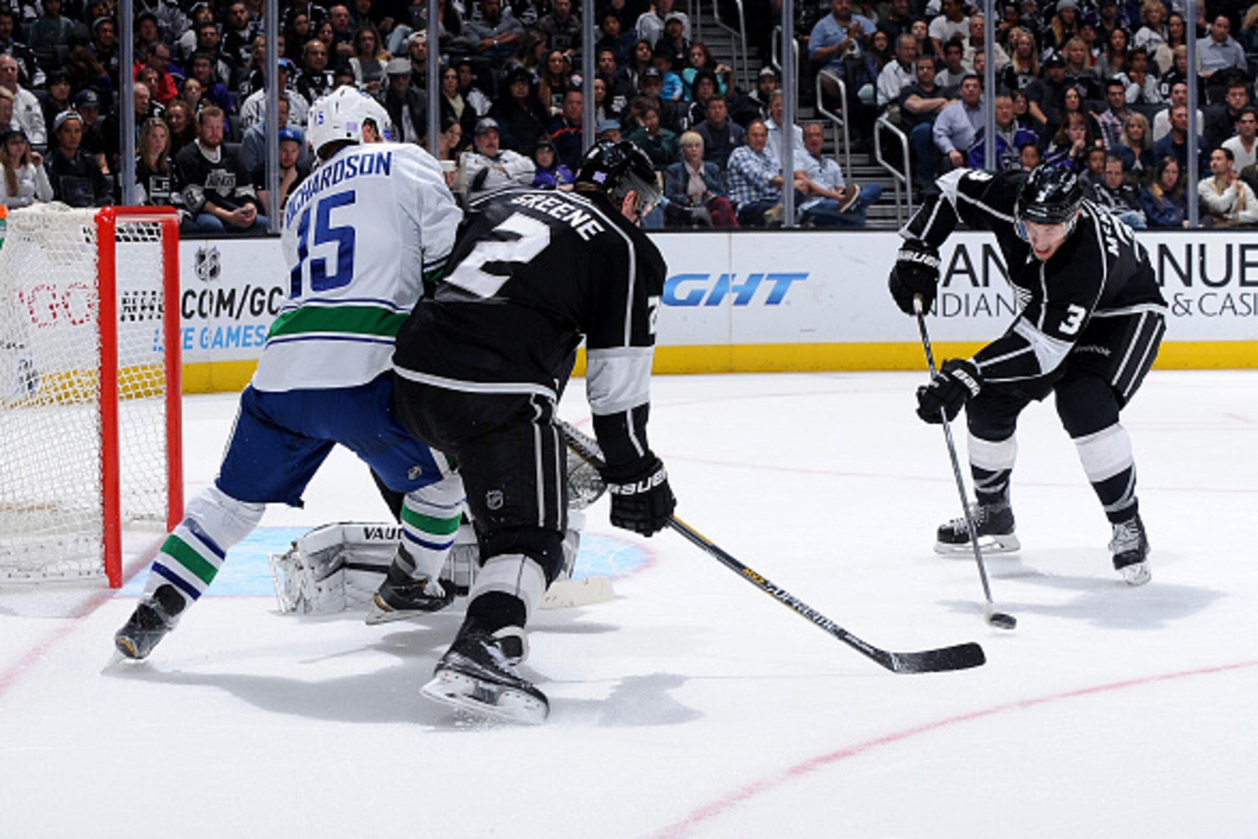 LOS ANGELES, CA - NOVEMBER 8: Brayden McNabb #3 of the Los Angeles Kings handles the puck during a game against the Vancouver Canucks at STAPLES Center on November 8, 2014 in Los Angeles, California. (Photo by Juan Ocampo/NHLI via Getty Images)