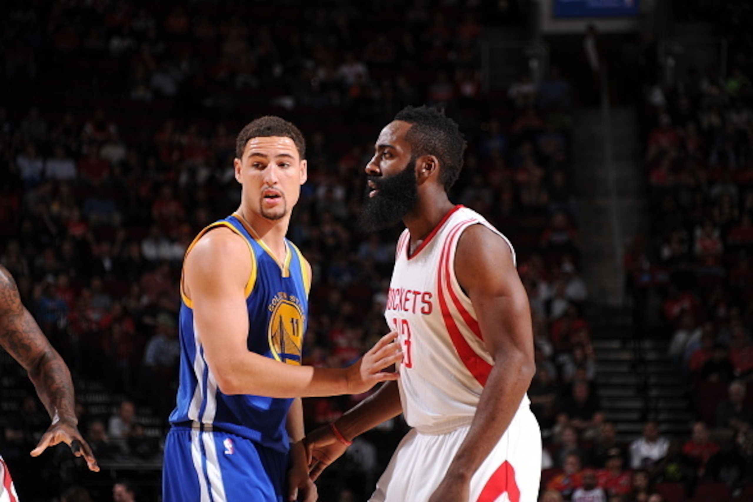 HOUSTON, TX - NOVEMBER 8:  Klay Thompson #11 of the Golden State Warriors and James Harden #13 of the Houston Rockets during the game on November 8, 2014 at the Toyota Center in Houston, Texas. NOTE TO USER: User expressly acknowledges and agrees that, by