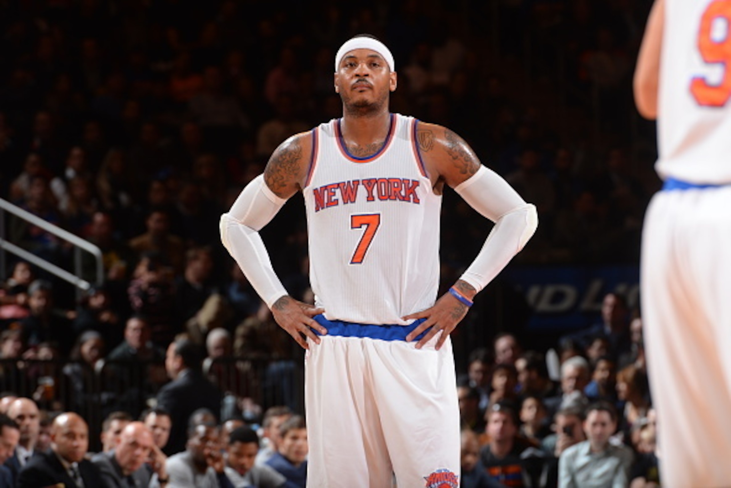 NEW YORK, NY - NOVEMBER 10:  Carmelo Anthony #7 of the New York Knicks looks om during the game against the Atlanta Hawks on November 10, 2014 at Madison Square Garden in New York City.  NOTE TO USER: User expressly acknowledges and agrees that, by downlo