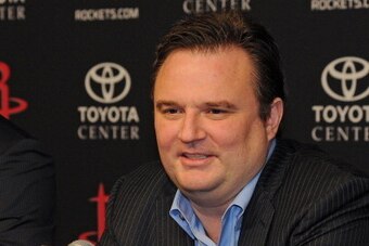 HOUSTON - June 30:  Houston Rockets GM Daryl Morey introduces the Rockets draft picks Clint Capela and Nick Johnson in Houston, Texas. NOTE TO USER: User expressly acknowledges and agrees that, by downloading and or using this photograph, User is consenti