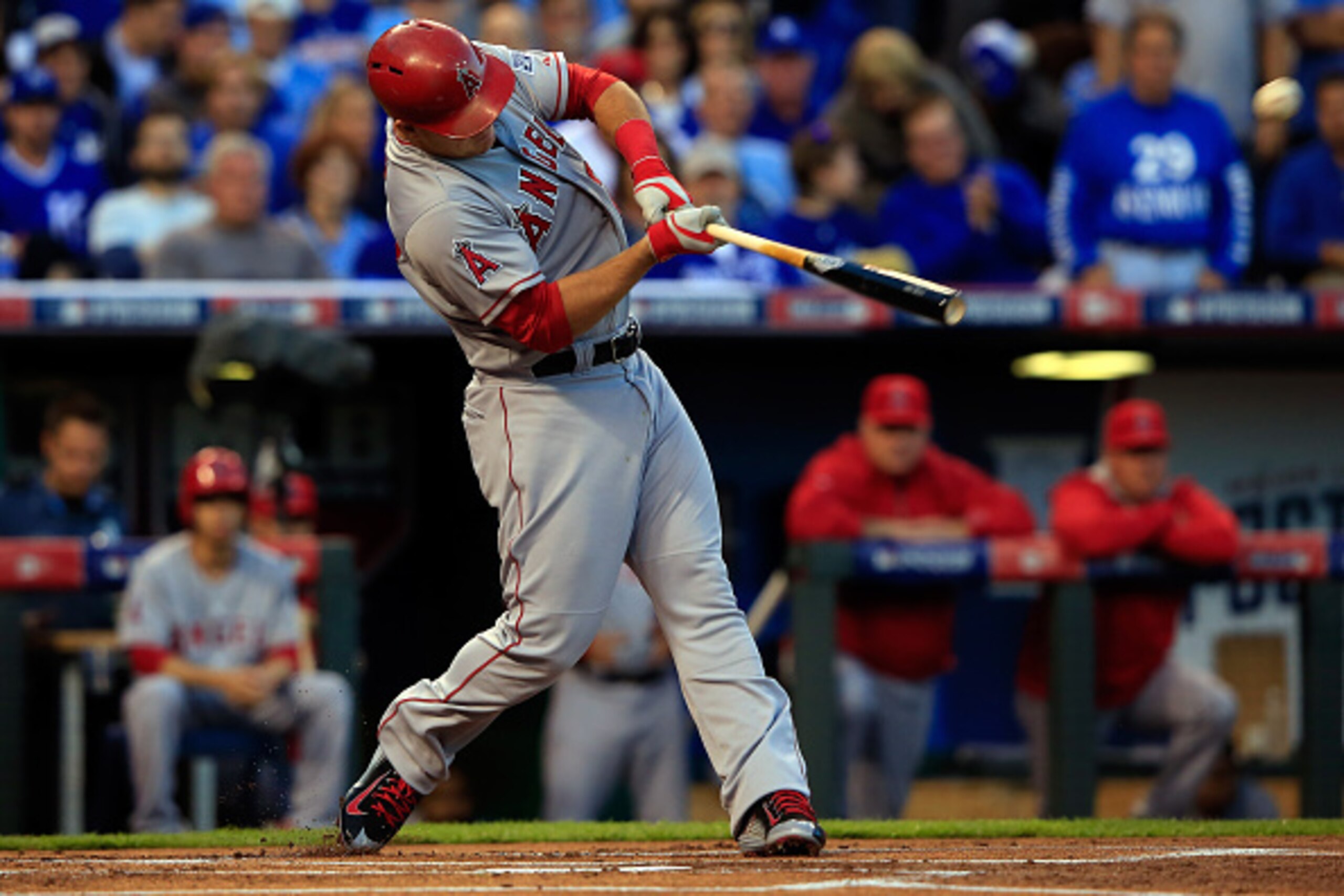 KANSAS CITY, MO - OCTOBER 05: Mike Trout #27 of the Los Angeles Angels hits a home run in the first inning against the Kansas City Royals during Game Three of the American League Division Series at Kauffman Stadium on October 5, 2014 in Kansas City, Misso KANSAS CITY, MO - OCTOBER 05: Mike Trout #27 of the Los Angeles Angels hits a home run in the first inning against the Kansas City Royals during Game Three of the American League Division Series at Kauffman Stadium on October 5, 2014 in Kansas City, Misso