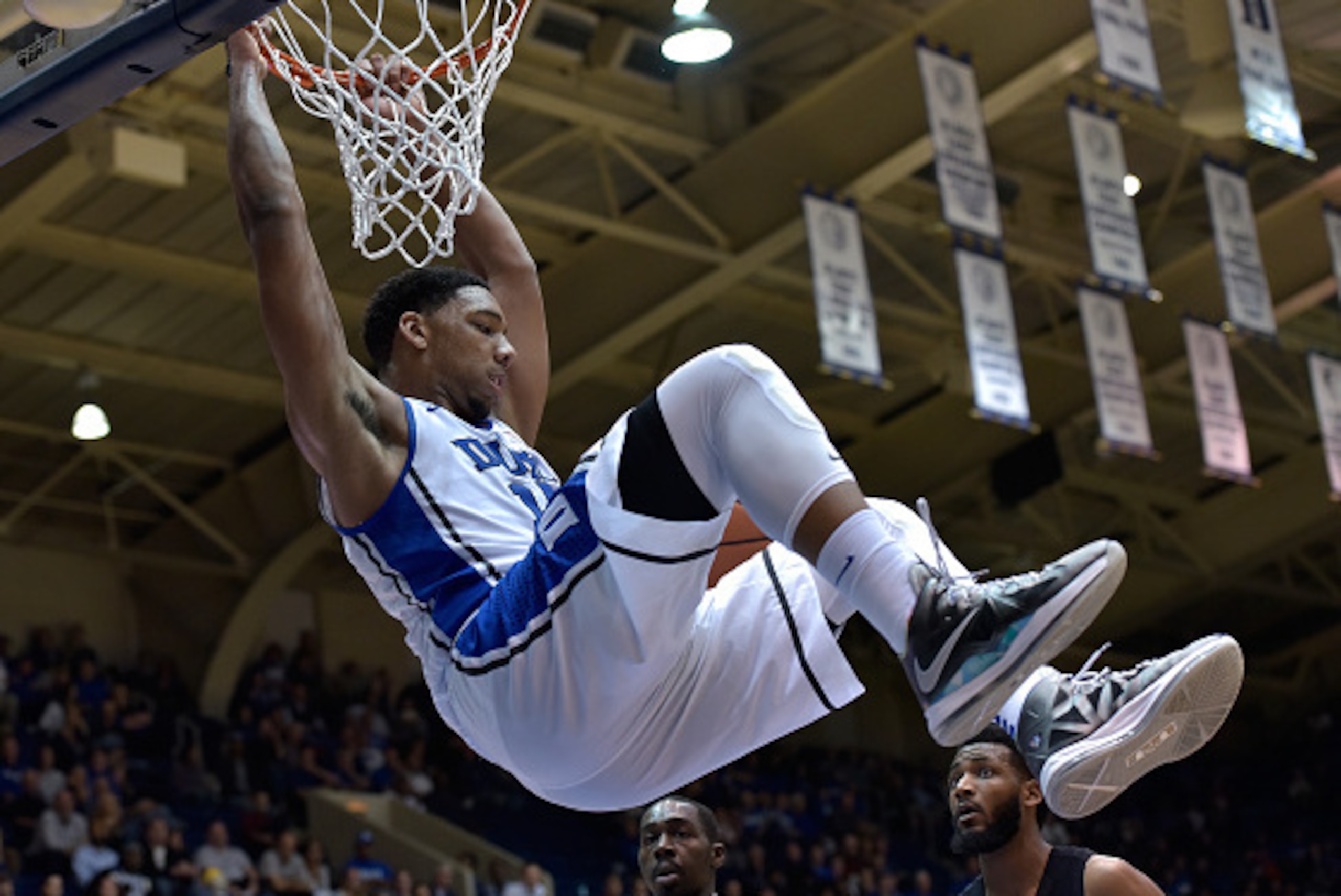 DURHAM, NC - NOVEMBER 04:  Jahlil Okafor #15 of the Duke Blue Devils dunks against the Livingstone College Blue Bears during their game at Cameron Indoor Stadium on November 4, 2014 in Durham, North Carolina. Duke won 115-58.  (Photo by Grant Halverson/Ge