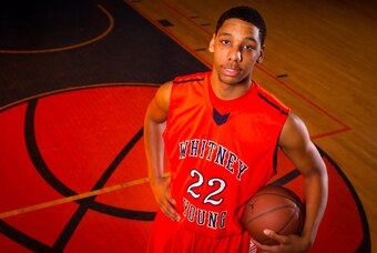 Apr. 3, 2013; Chicago, IL, USA; Varsity basketball team member Jahlil Okafor poses at Whitney M. Young Magnet High School in Chicago. Okafor, a 6 foot 10 inch junior who plays the center position, is poised to become one of the top basketball recruits for