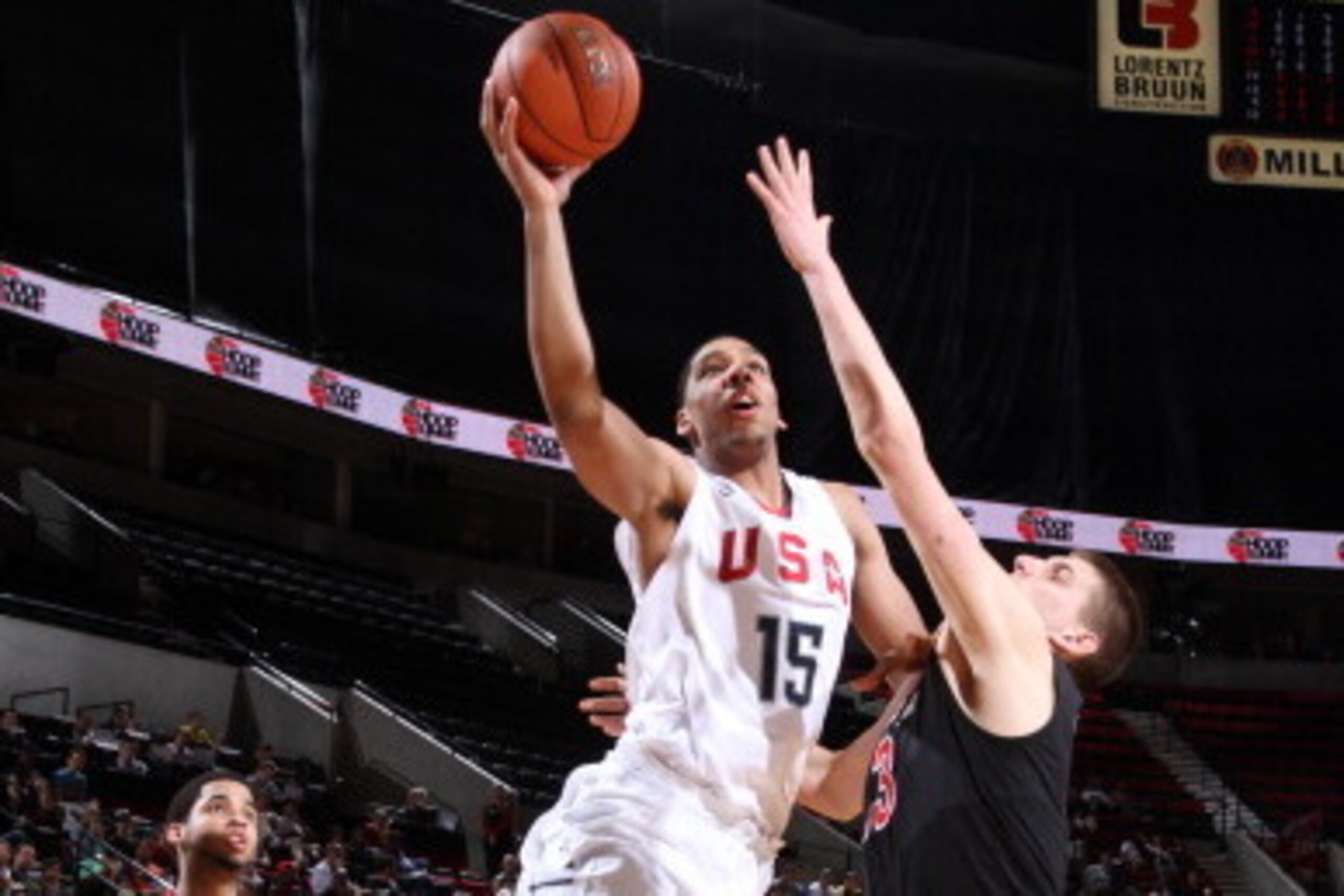PORTLAND, OR - APRIL 12:  Jahlil Okafor #15 of Team USA drives to the basket against the World Team on April 12, 2014 at the Moda Center Arena in Portland, Oregon. NOTE TO USER: User expressly acknowledges and agrees that, by downloading and or using this