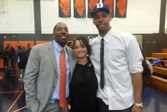 Chucky and Jahlil pose with Jahlil's sister Jalen after the announcement that Duke had secured a player many feel is the best in the country.