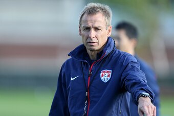 BOSTON, MA - OCTOBER 08:  Head Coach Jurgen Klinsmann looks on during a United States soccer training session at Ohiri Field on October 8, 2014 in Boston, Massachusetts.  (Photo by Mike Lawrie/Getty Images)